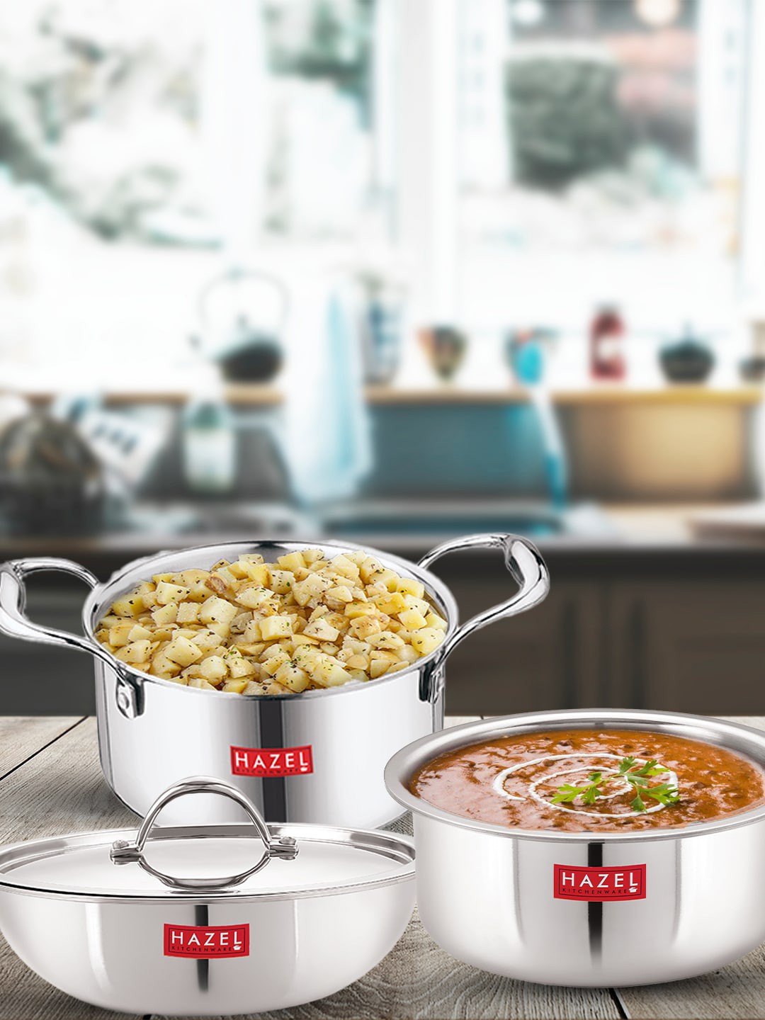

HAZEL Triply Pack of 3 Stainless Steel Induction Bottom Cookware Set With Lid, Silver