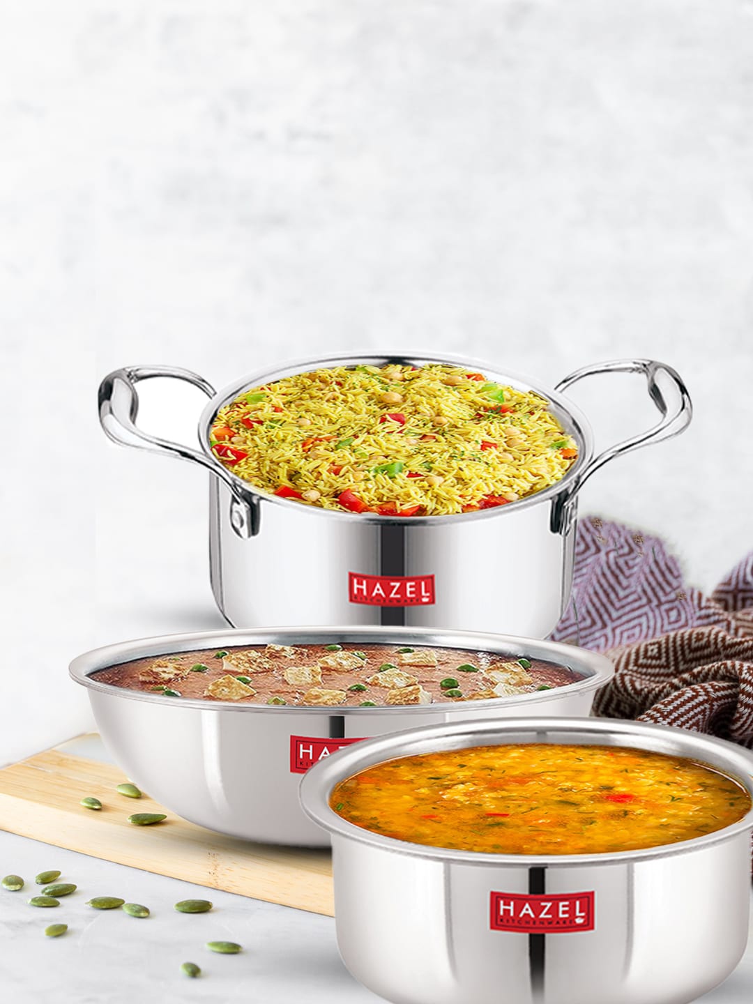

HAZEL Triply Set Of 3 Stainless Steel Induction Bottom Cookware Set, Silver