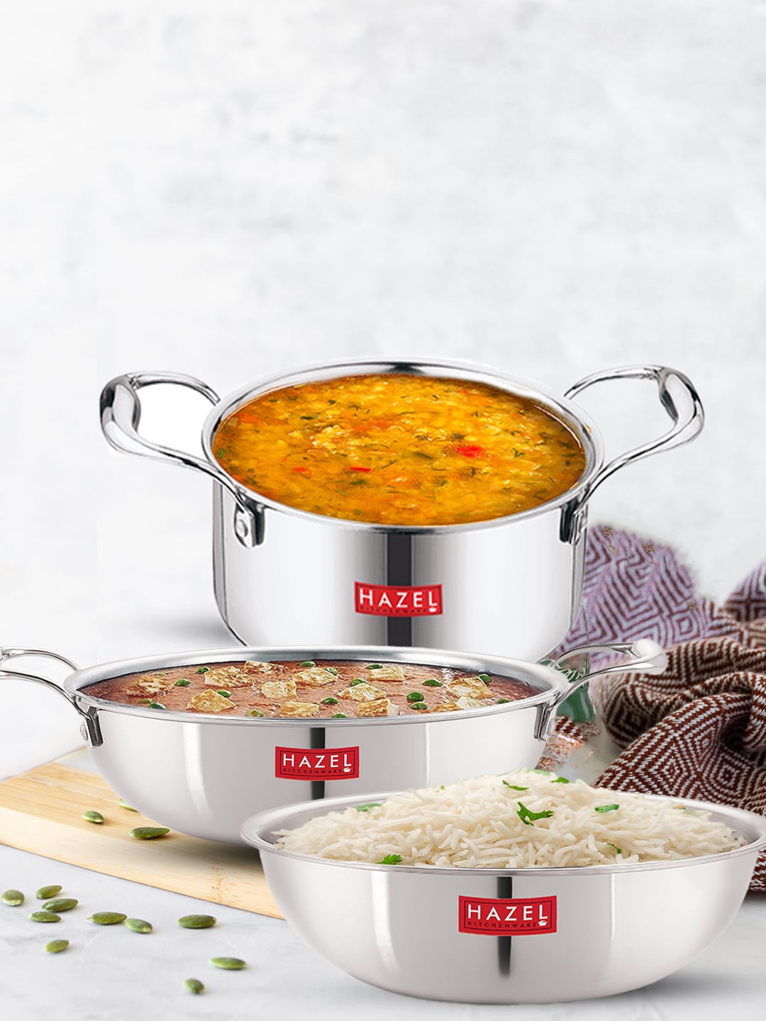 

HAZEL Triply Pack of 3 Stainless Steel Induction Bottom Cookware Set, Silver