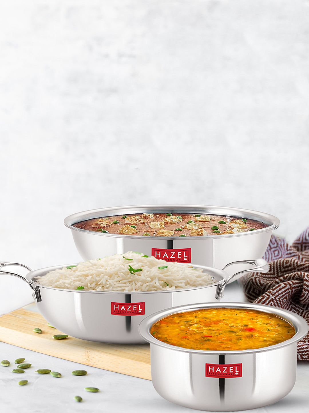 

HAZEL Triply Pack of 3 Stainless Steel Induction Bottom Cookware Set, Silver
