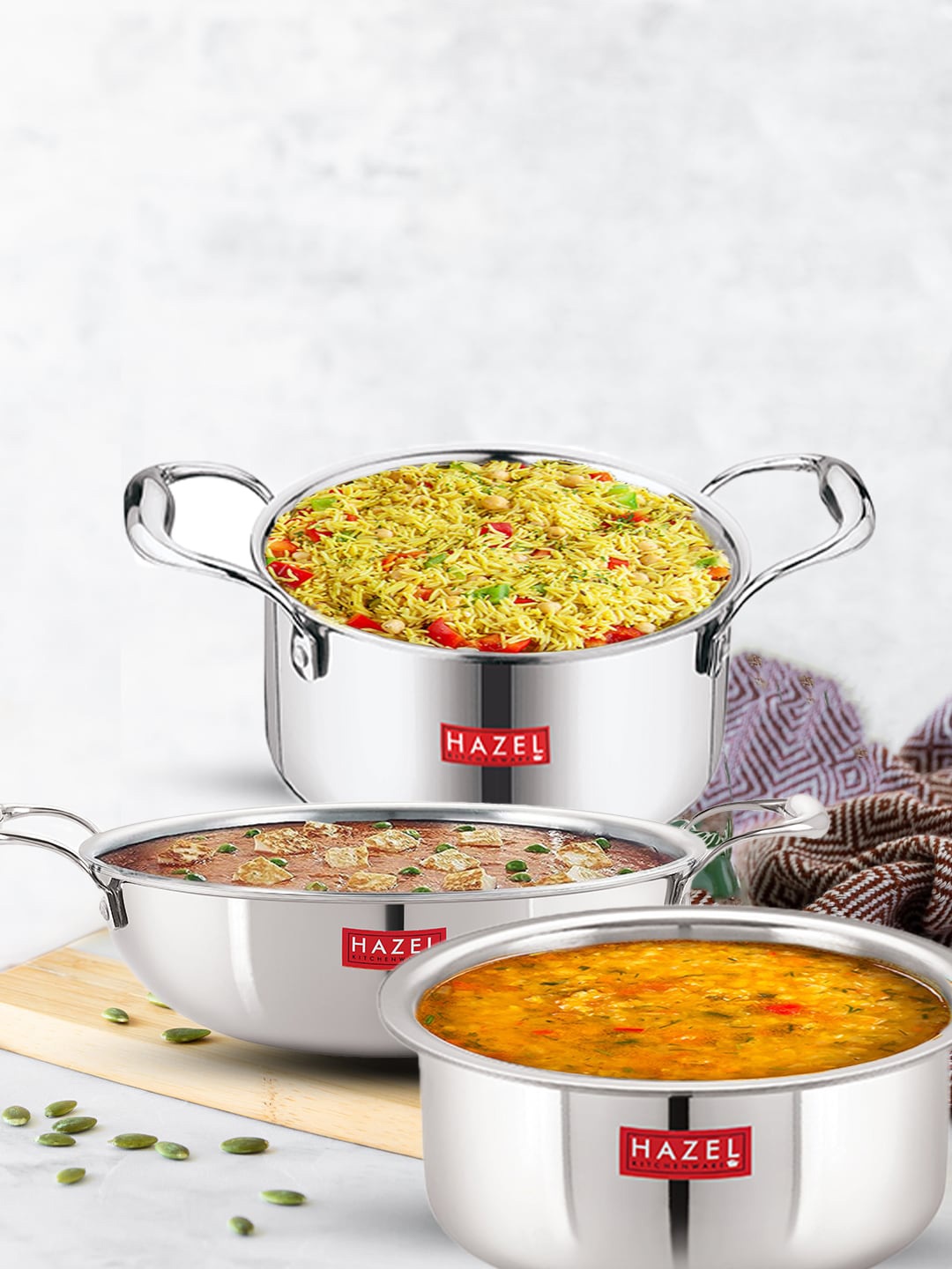 

HAZEL Triply Pack of 3 Stainless Steel Induction Bottom Cookware Set With Lid, Silver