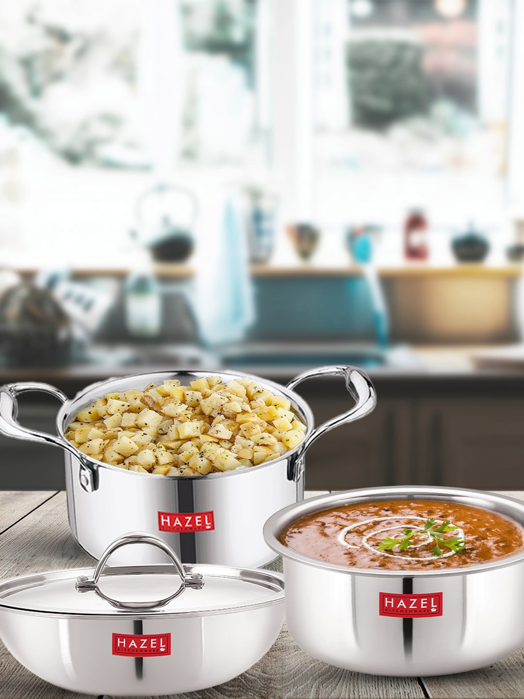 

HAZEL Pack of 4 Triply Stainless Steel Induction Bottom Cookware Set, Silver