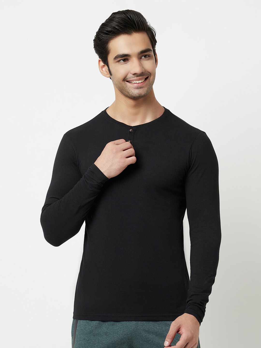 

HARBOR N BAY Men Black Henley Neck T-shirt