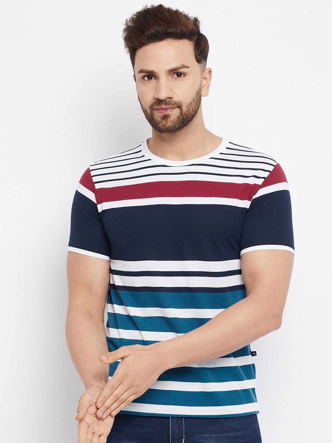 

HARBOR N BAY Men Blue & Maroon Striped T-shirt