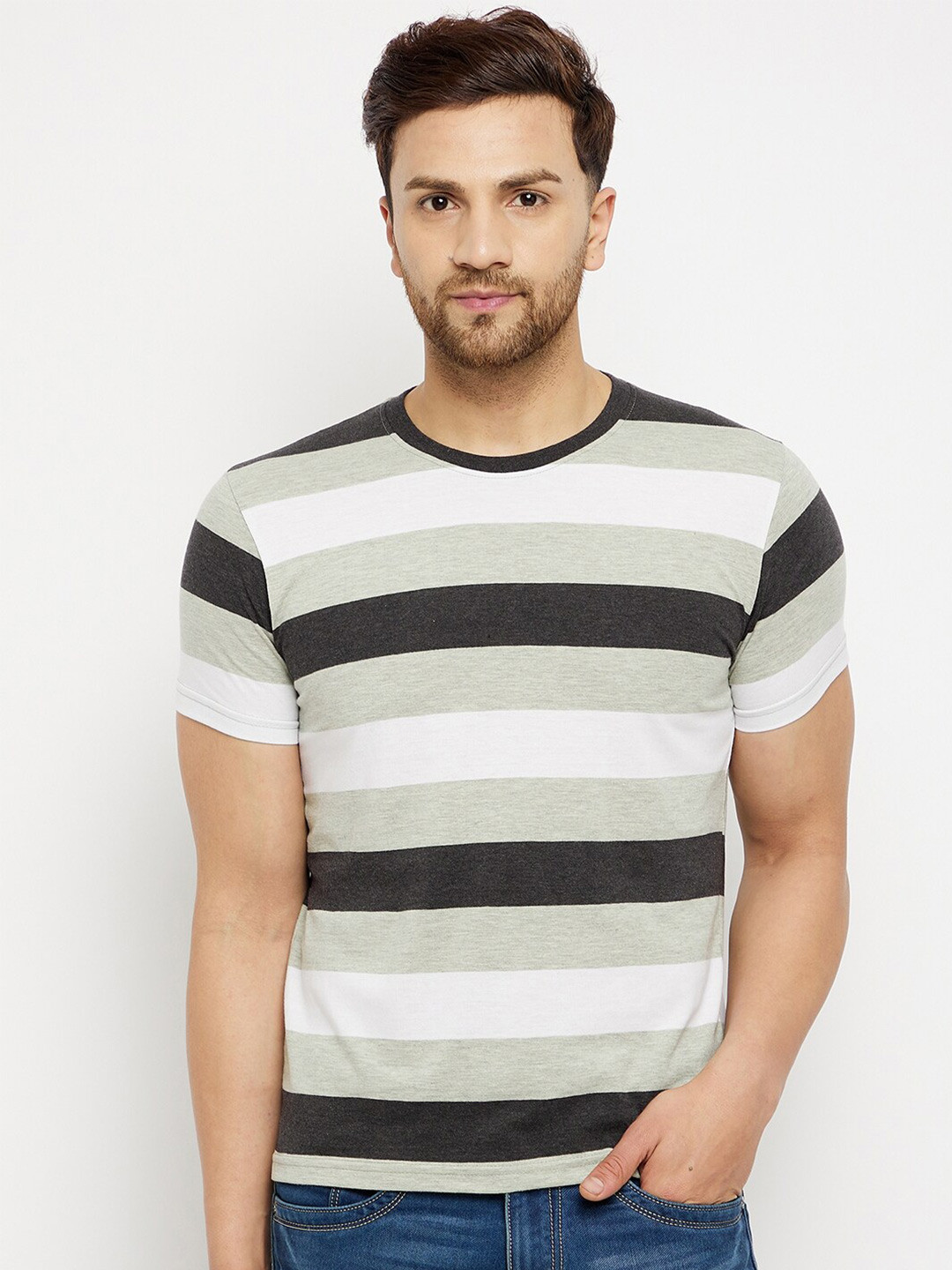 

HARBOR N BAY Men Green & White Striped T-shirt
