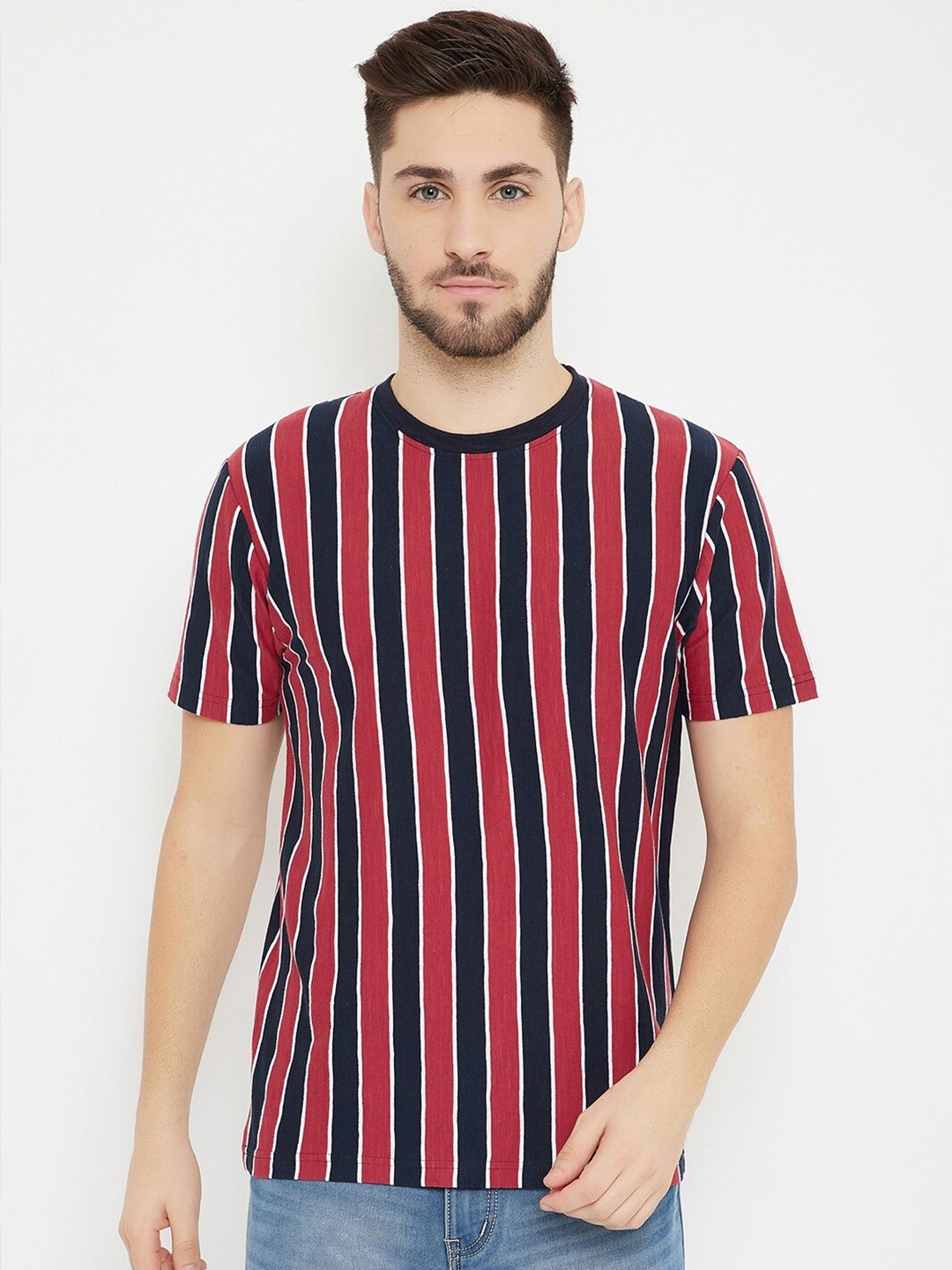 

HARBOR N BAY Men Maroon & Navy Blue Striped T-shirt