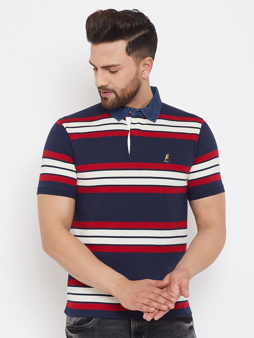 

HARBOR N BAY Men Navy Blue & Maroon Striped Polo Collar T-shirt