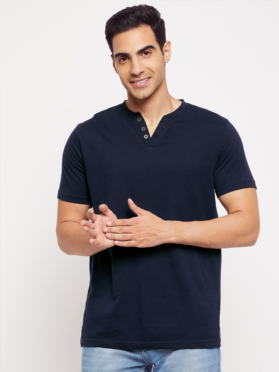 

HARBOR N BAY Men Navy Blue Henley Neck T-shirt