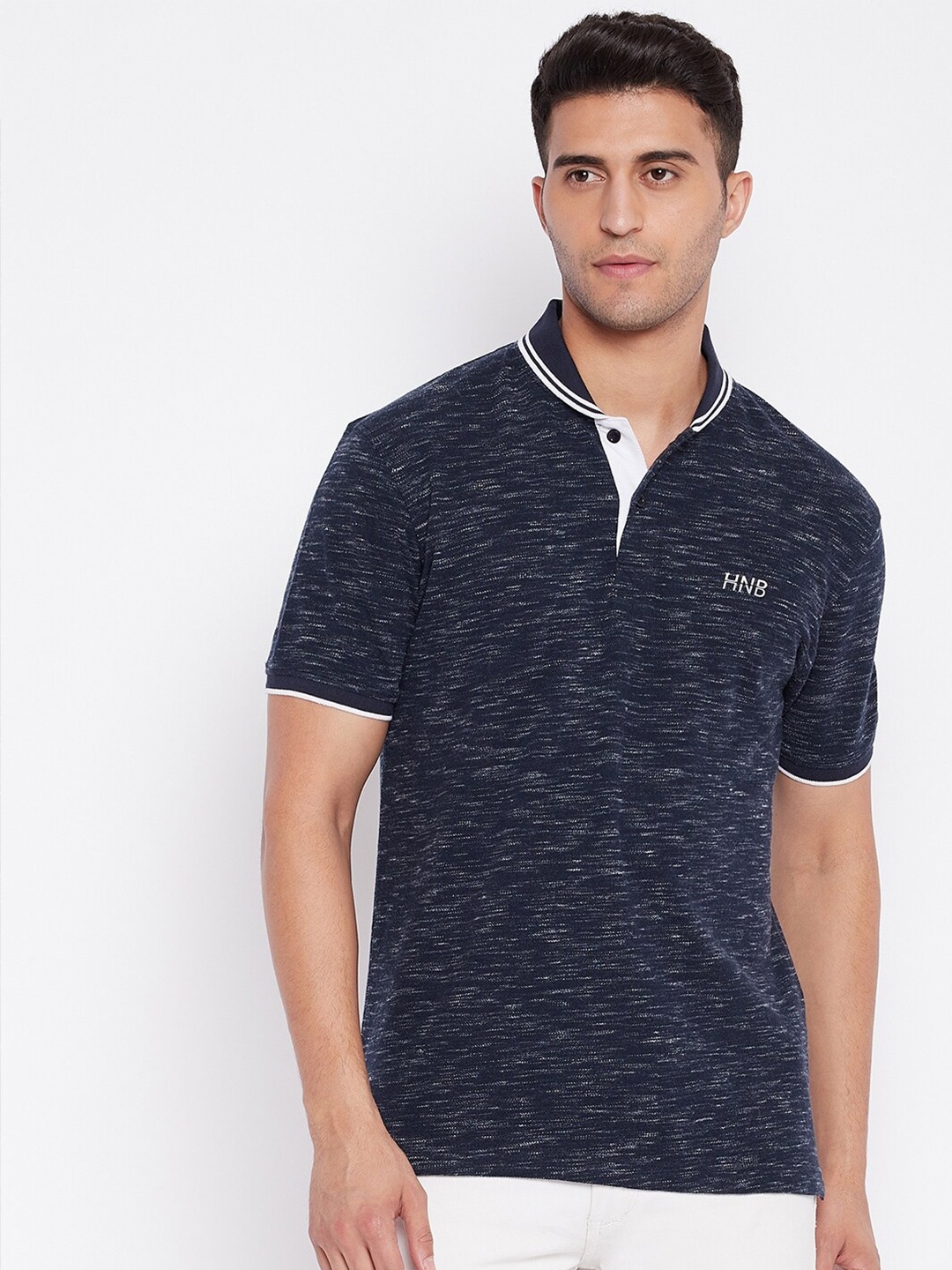 

HARBOR N BAY Men Navy Blue Mandarin Collar T-shirt