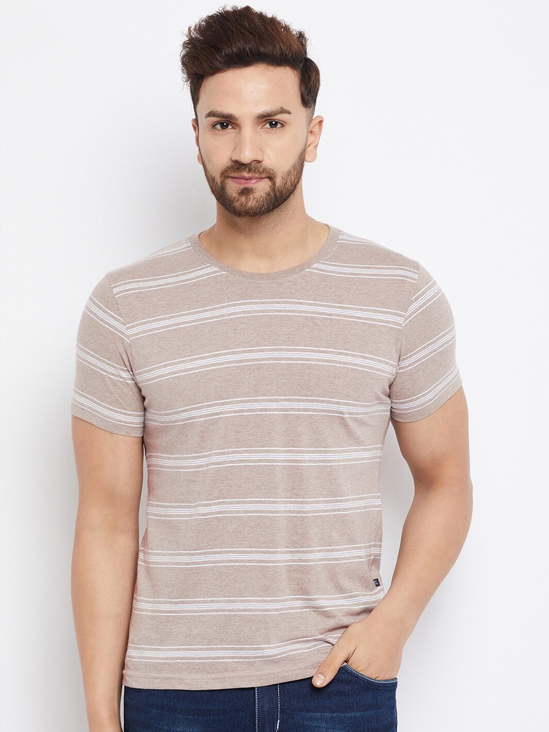 

HARBOR N BAY Men Camel Brown & White Striped T-shirt