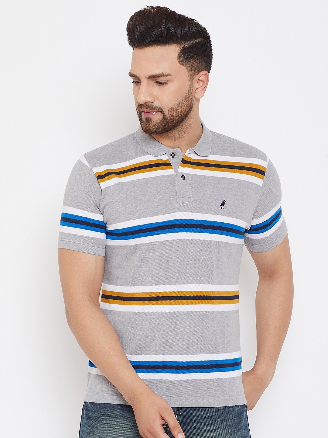 

HARBOR N BAY Men Grey & Orange Striped Polo Collar T-shirt