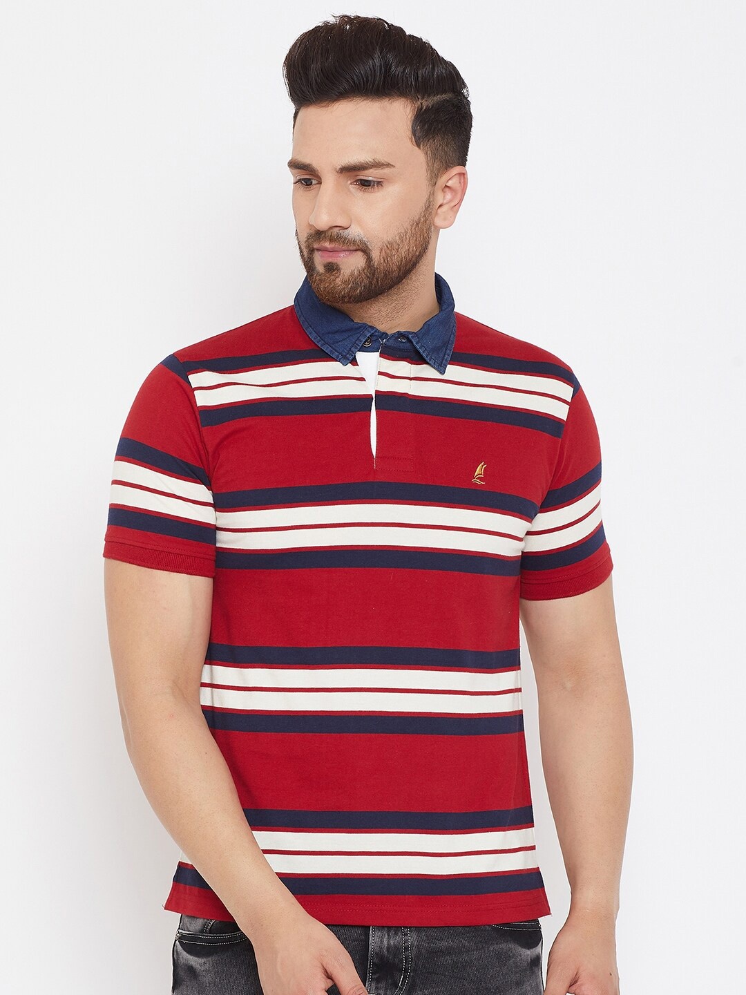 

HARBOR N BAY Men Cotton Striped Polo Collar T-shirt, Red