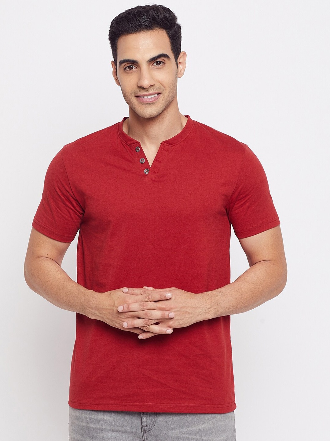 

HARBOR N BAY Men Cotton Henley Neck T-shirt, Red