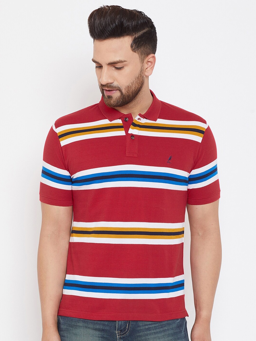 

HARBOR N BAY Men Cotton Striped Polo Collar T-shirt, Red