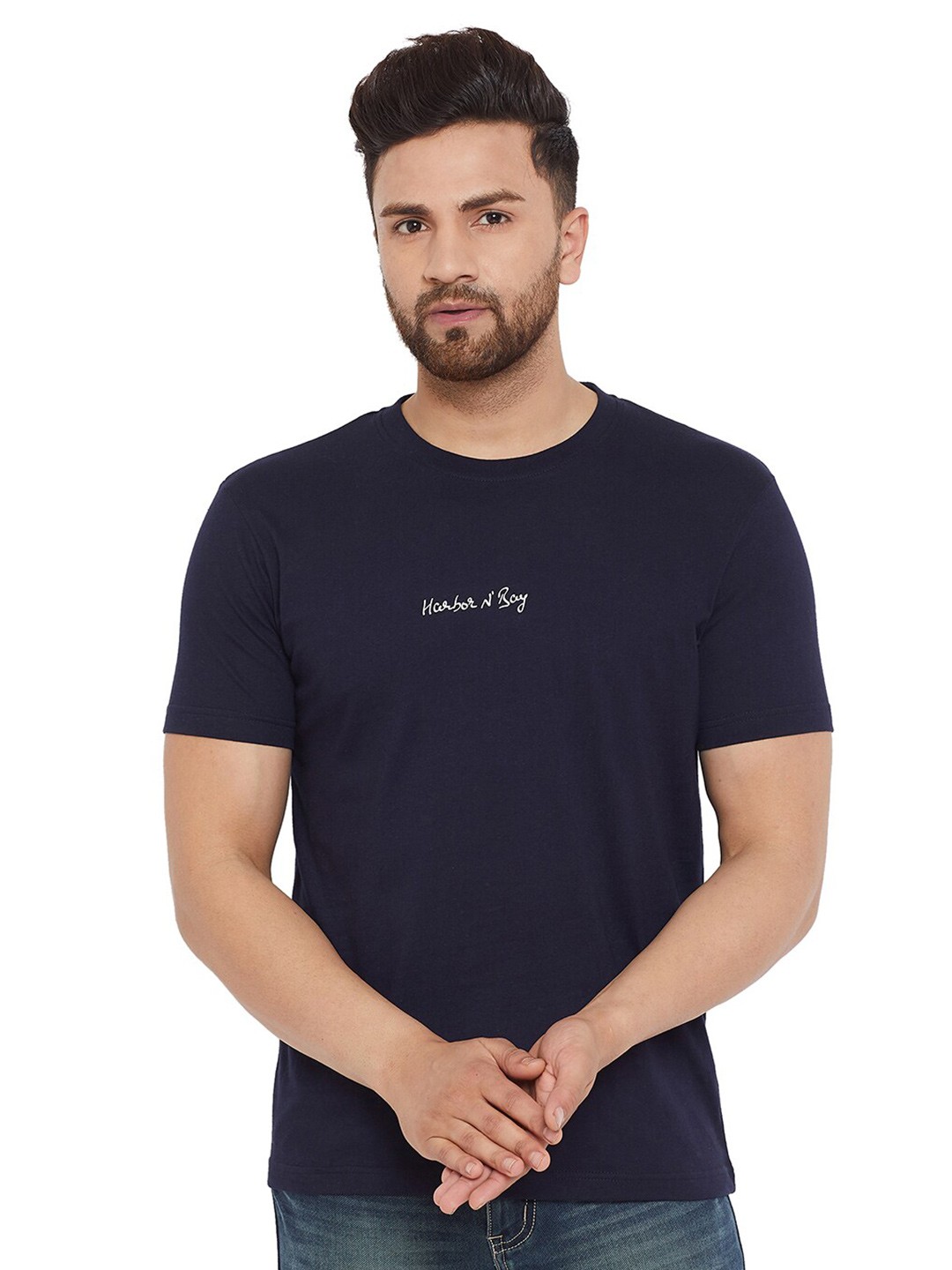 

HARBOR N BAY Men Cotton Typography Printed T-shirt, Navy blue