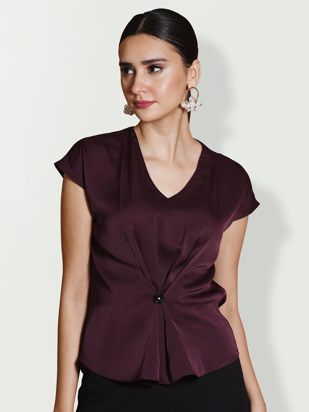

MODWEE V-Neck Satin Extended Sleeves Regular Top, Burgundy