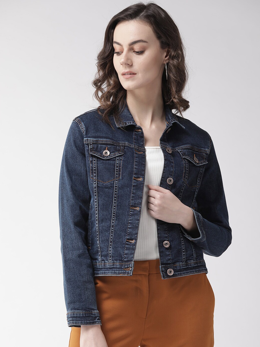 

Xpose Women Navy Blue Washed Crop Denim Jacket