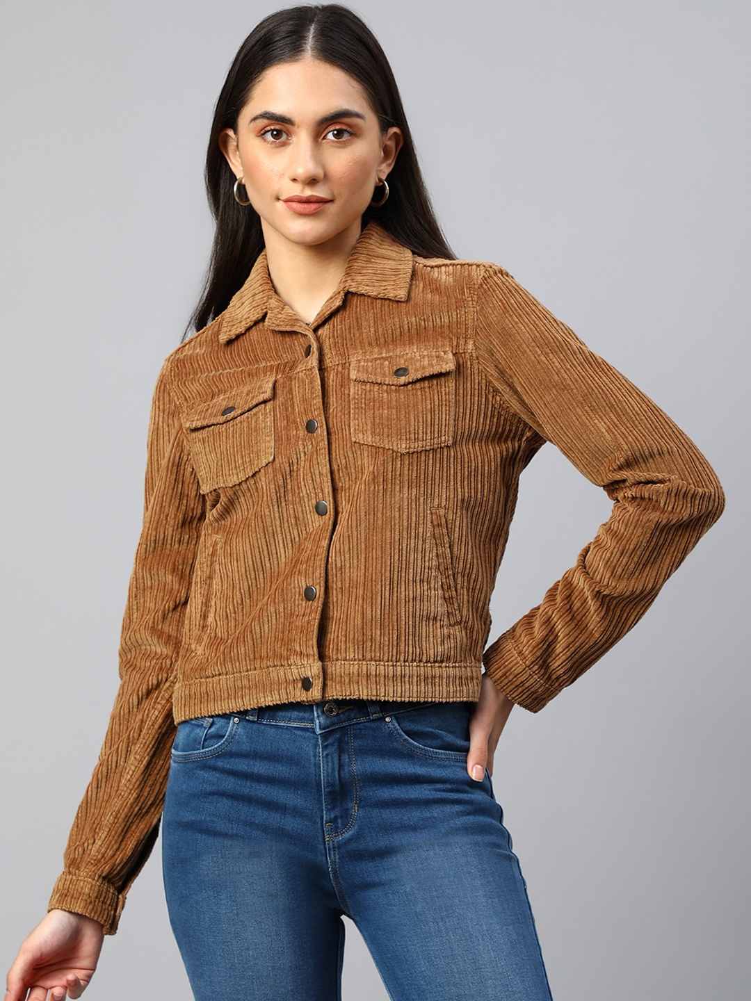 

Xpose Women Striped Corduroy Crop Denim Jacket, Brown