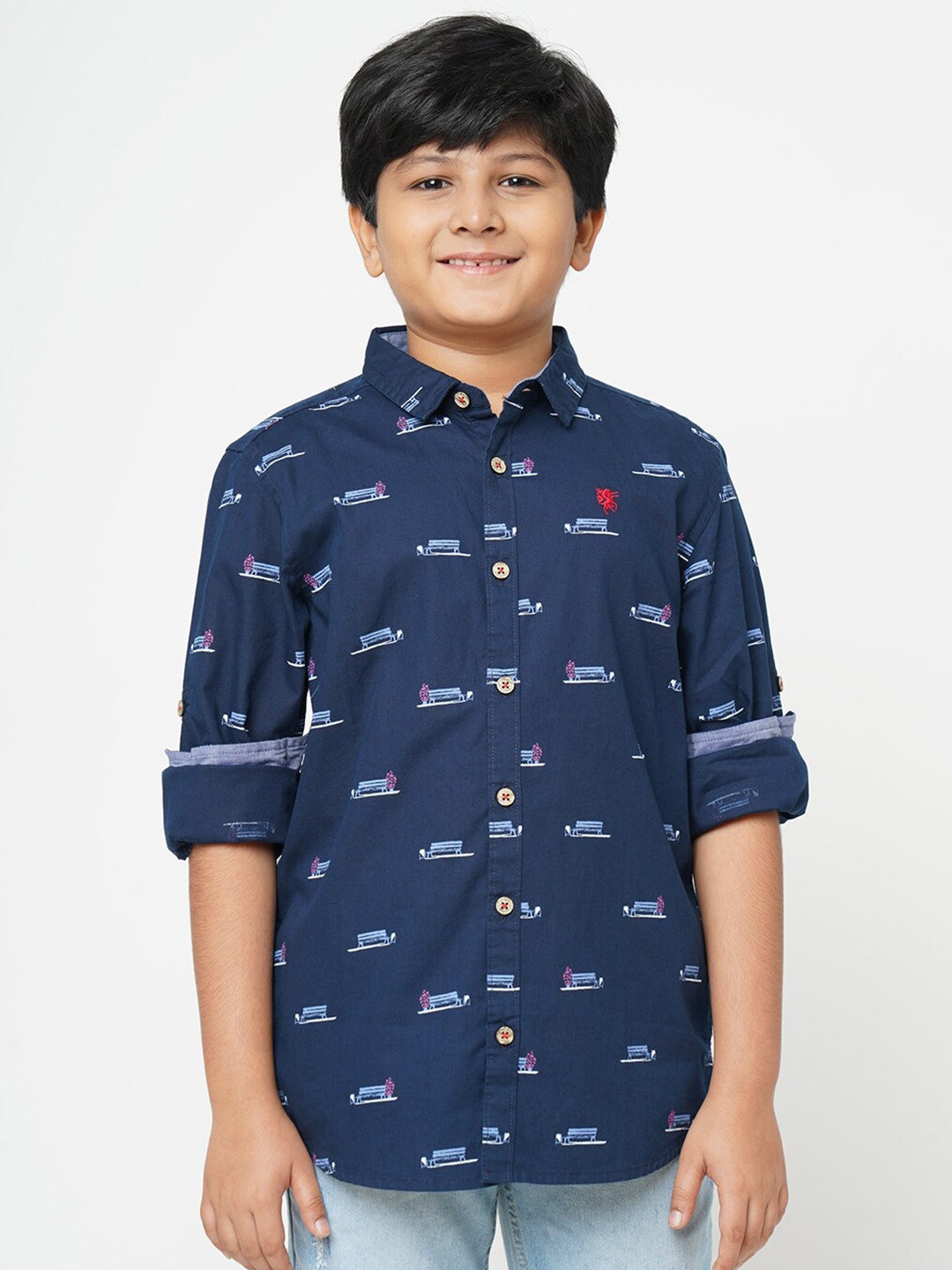 

URBAN SCOTTISH Printed Pure Cotton Casual Shirt, Navy blue