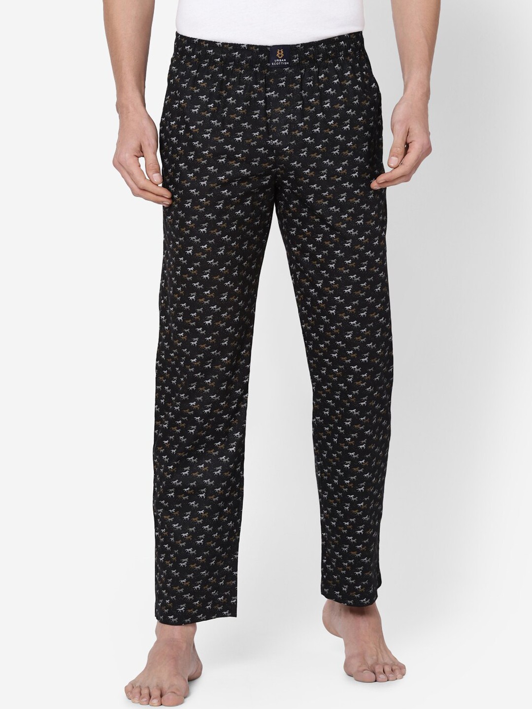 

URBAN SCOTTISH Men Printed Pure Cotton Lounge Pants, Black