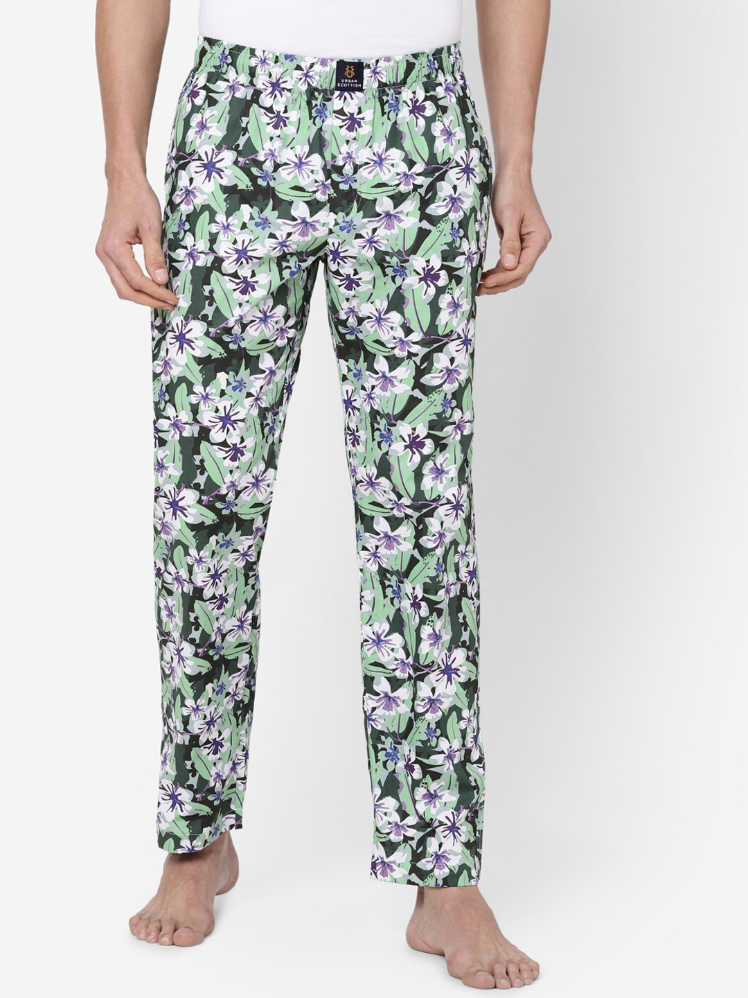 

URBAN SCOTTISH Men Floral Pure Cotton Lounge Pants, Green
