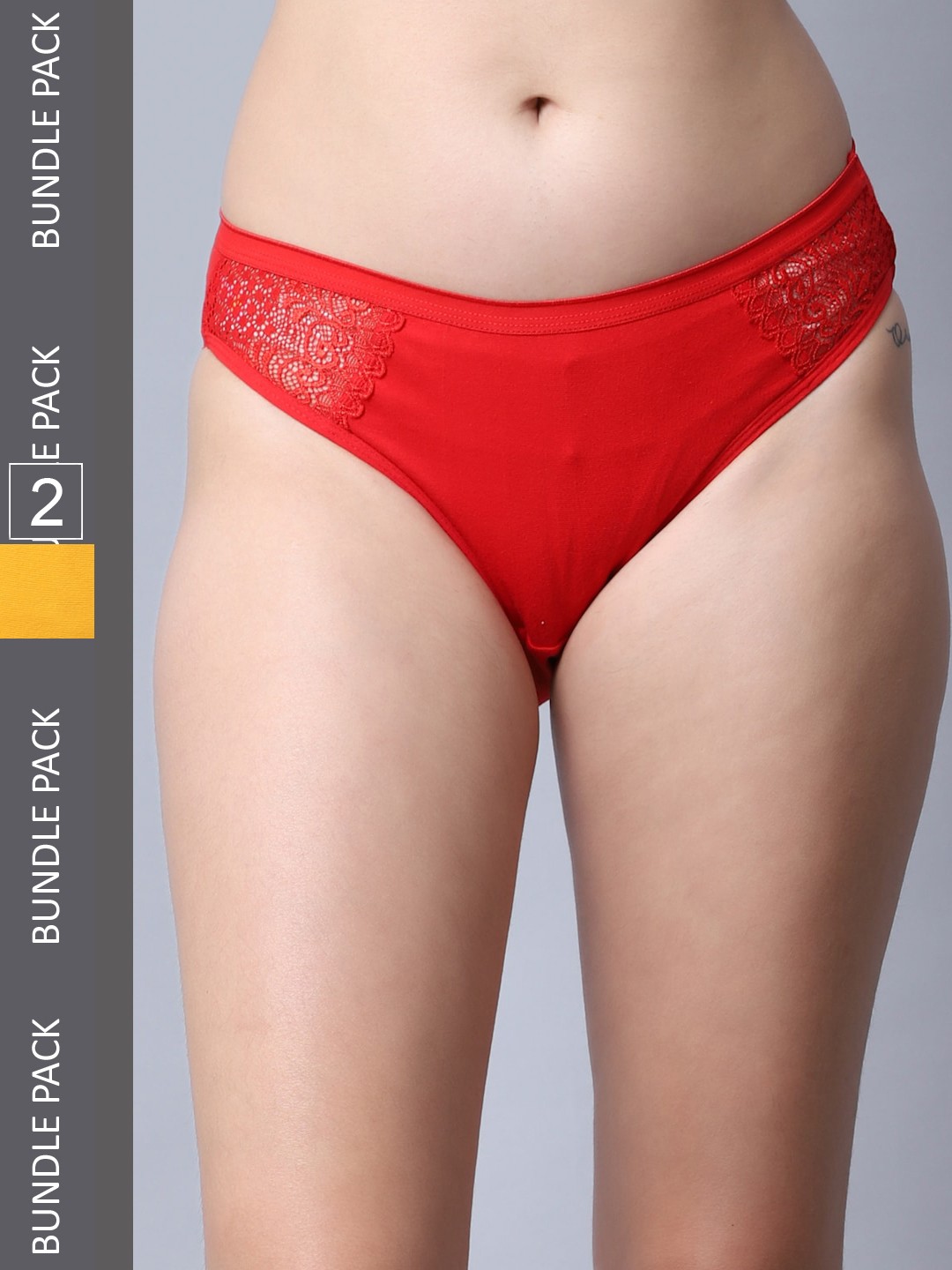 

Jinfo Women Pack Of 2 Self-Designed Laced Cotton Hipster Briefs, Red