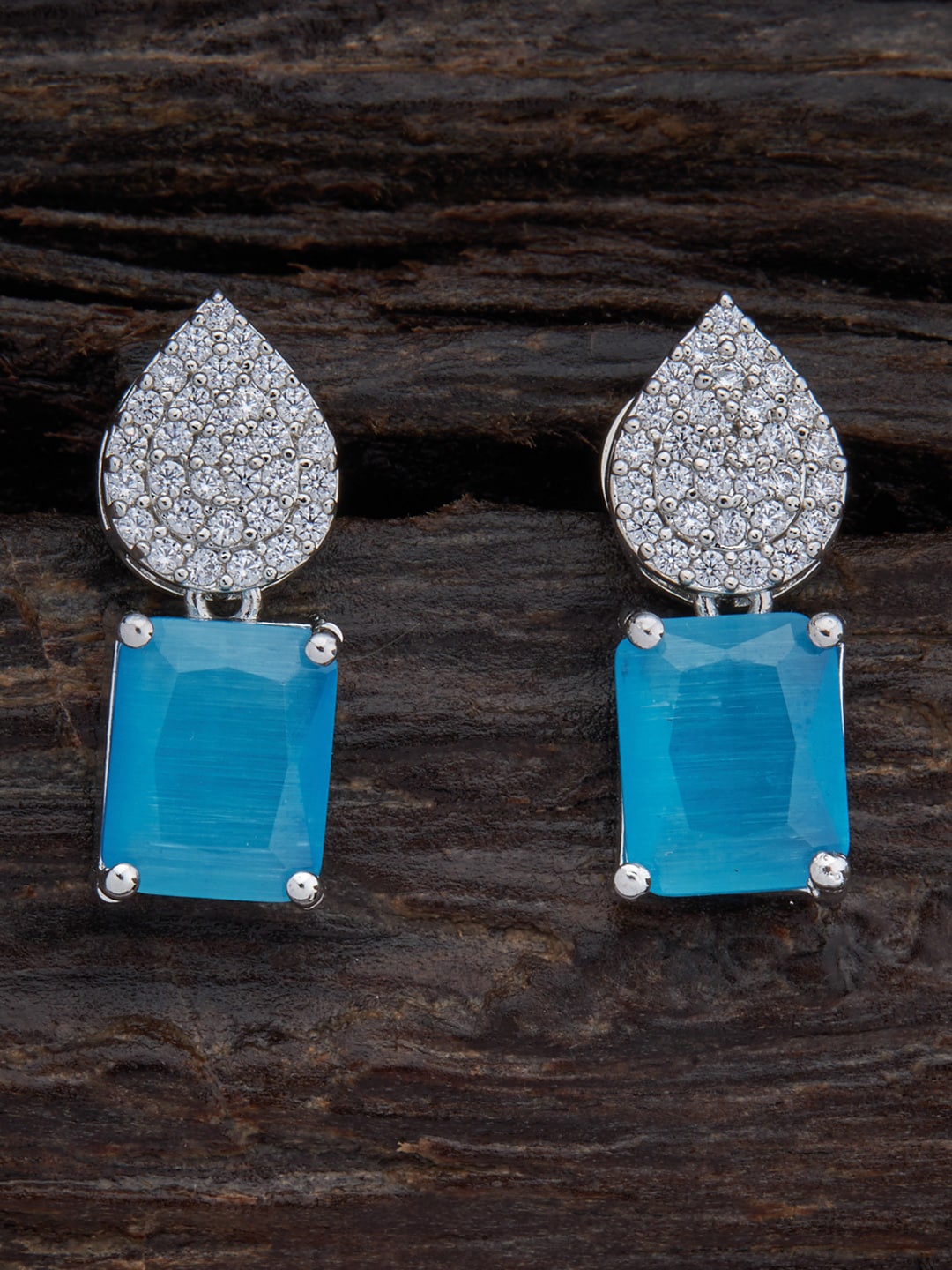 

Kushal's Fashion Jewellery Blue & White Rhodium Plated Square Drop Earrings