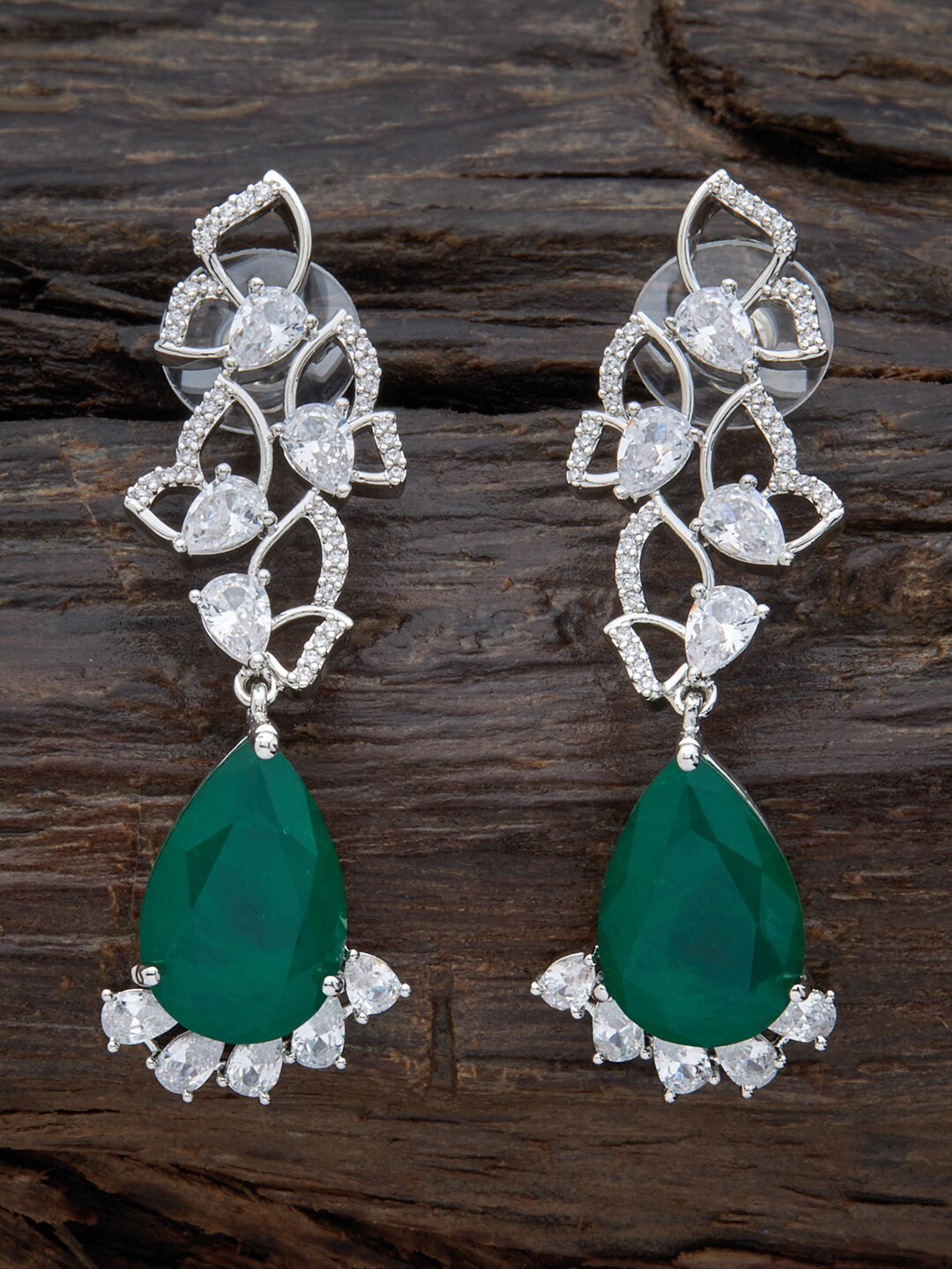 

Kushal's Fashion Jewellery Green & White Rhodium Plated Teardrop Shaped Drop Earrings