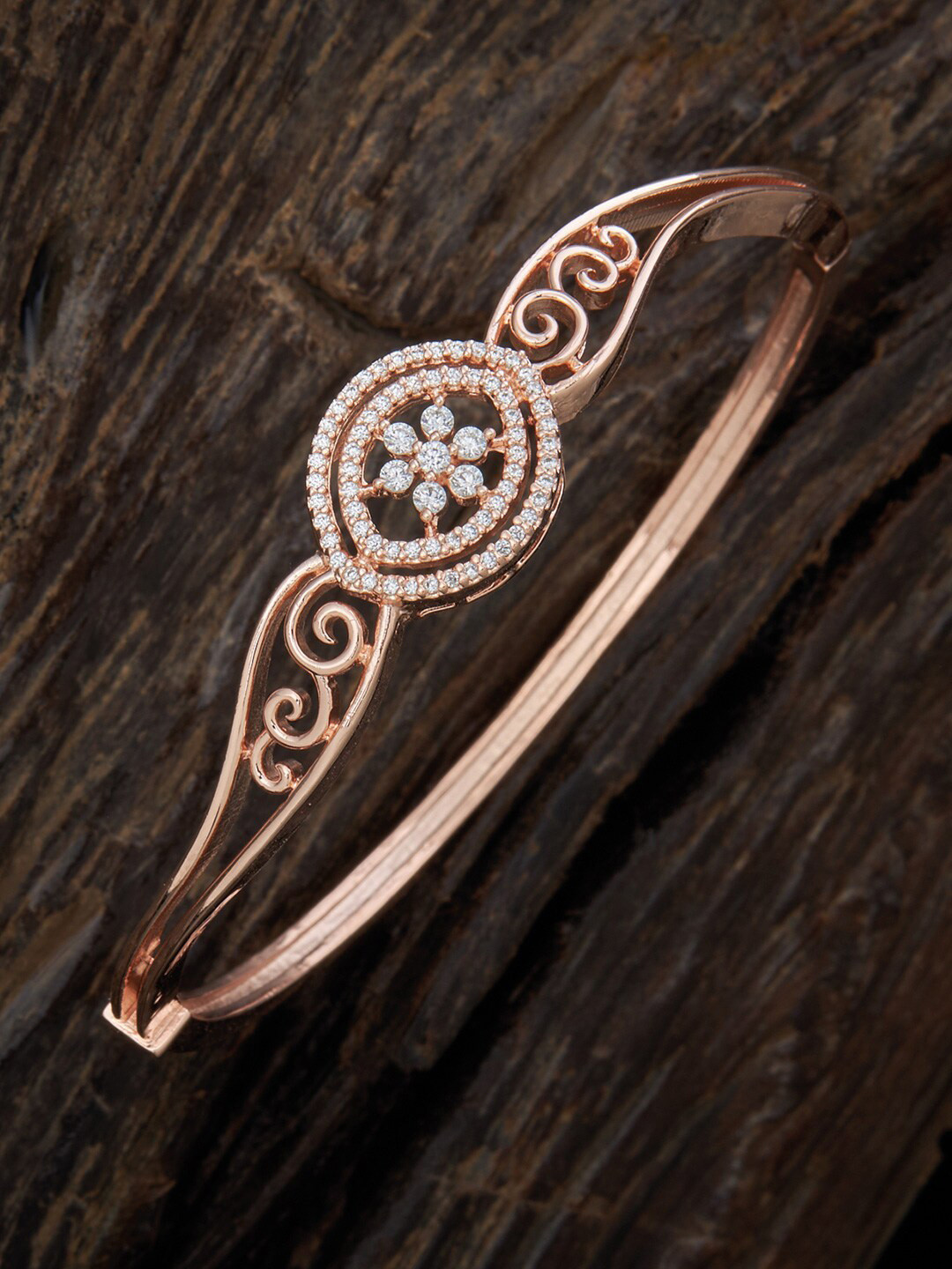

Kushal's Fashion Jewellery Women Rose Gold & White Cubic Zirconia Rose Gold-Plated Bangle-Style Bracelet
