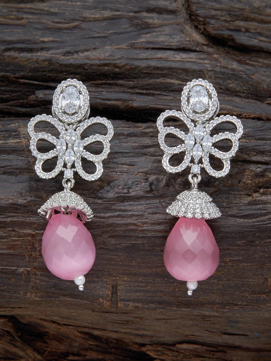 

Kushal's Fashion Jewellery Rhodium-Plated Cubic Zirconia Floral Drop Earrings, Pink
