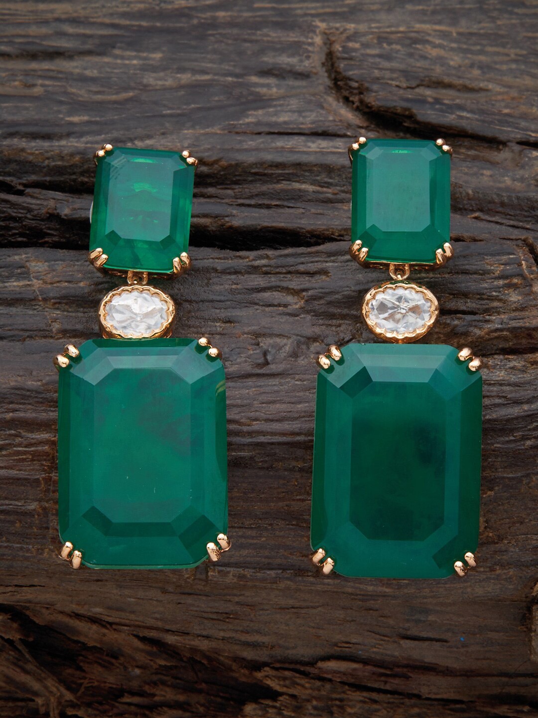 

Kushal's Fashion Jewellery Gold-Plated Cubic Zirconia Square Drop Earrings, Green
