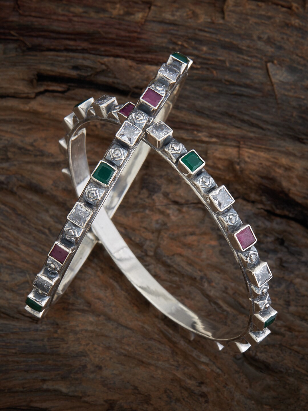

Kushal's Fashion Jewellery Set Of 2 Silver Spinal Stone-Studded Bangles