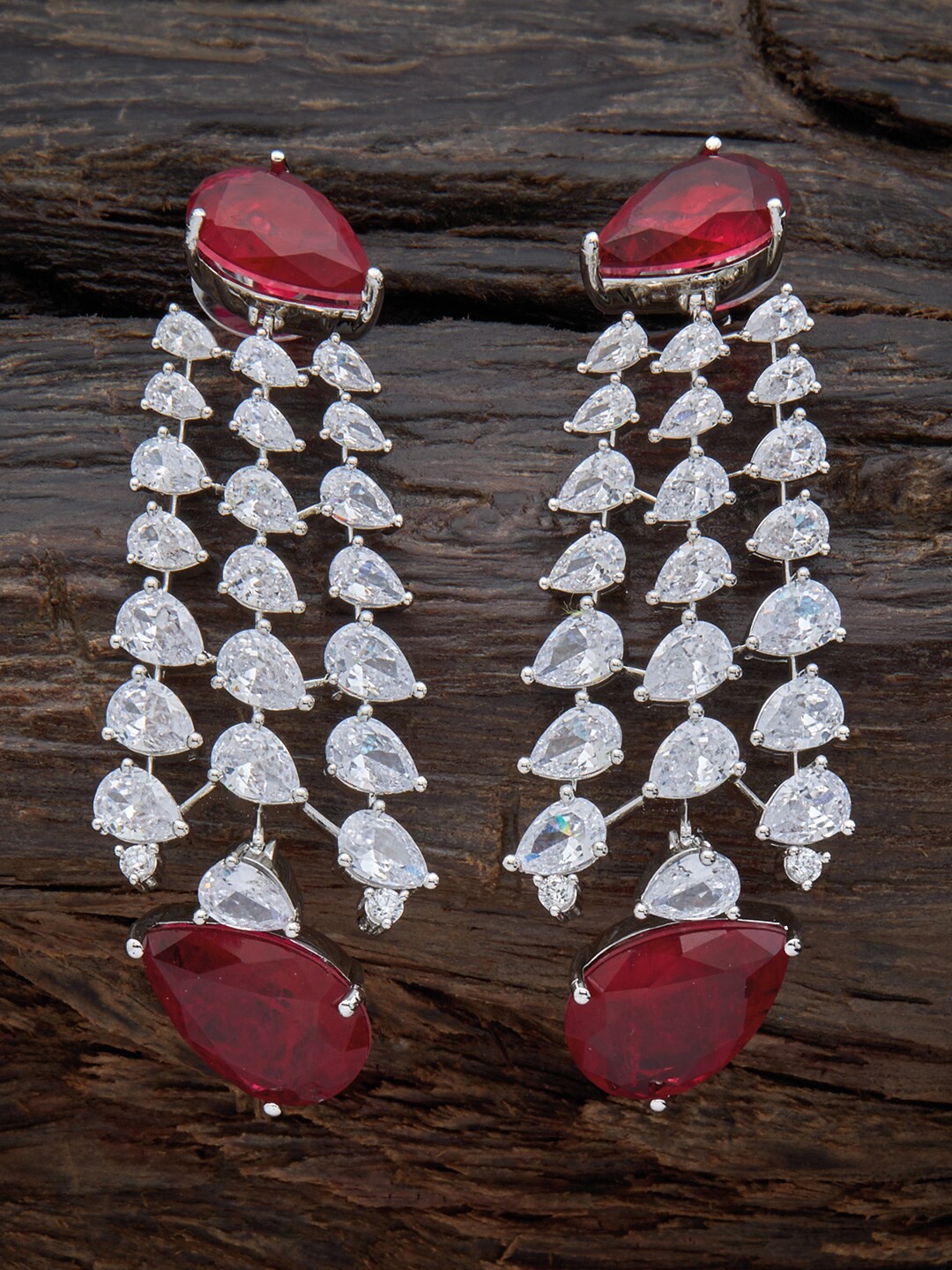 

Kushal's Fashion Jewellery Rhodium-Plated Cubic Zirconia Teardrop Shaped Drop Earrings, Maroon