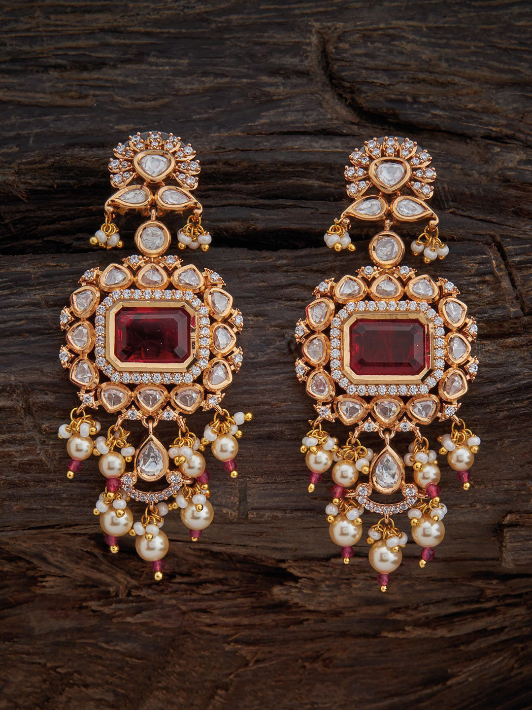 

Kushal's Fashion Jewellery Gold-Plated Kundan Floral Drop Earrings, Maroon
