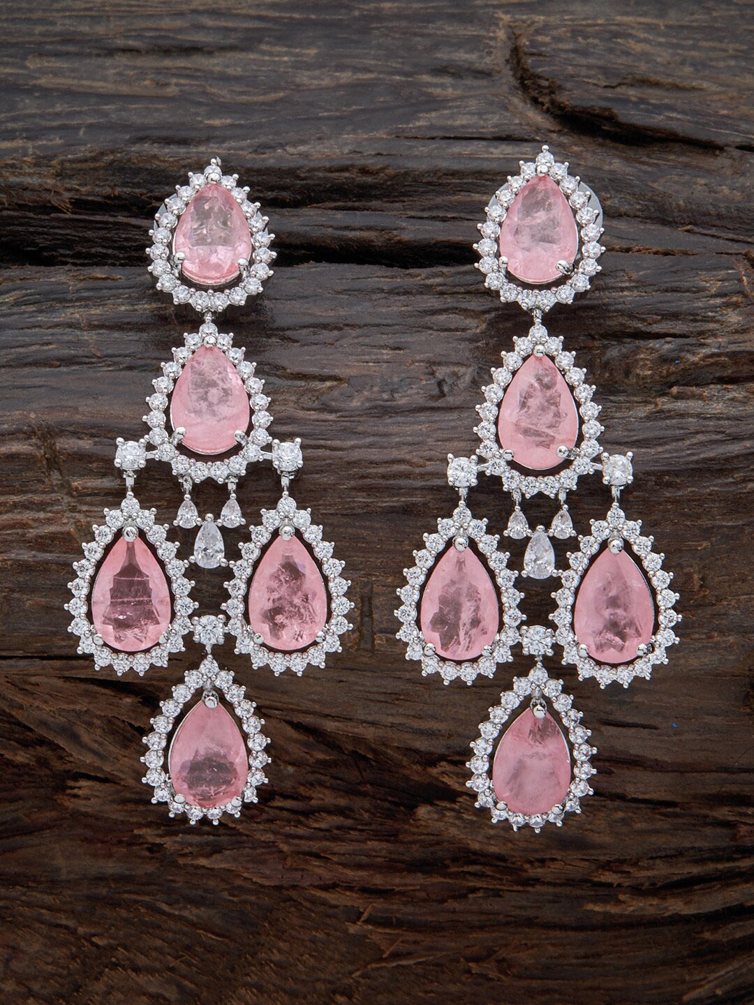 

Kushal's Fashion Jewellery Rhodium-Plated Cubic Zirconia Teardrop Shaped Drop Earrings, Pink