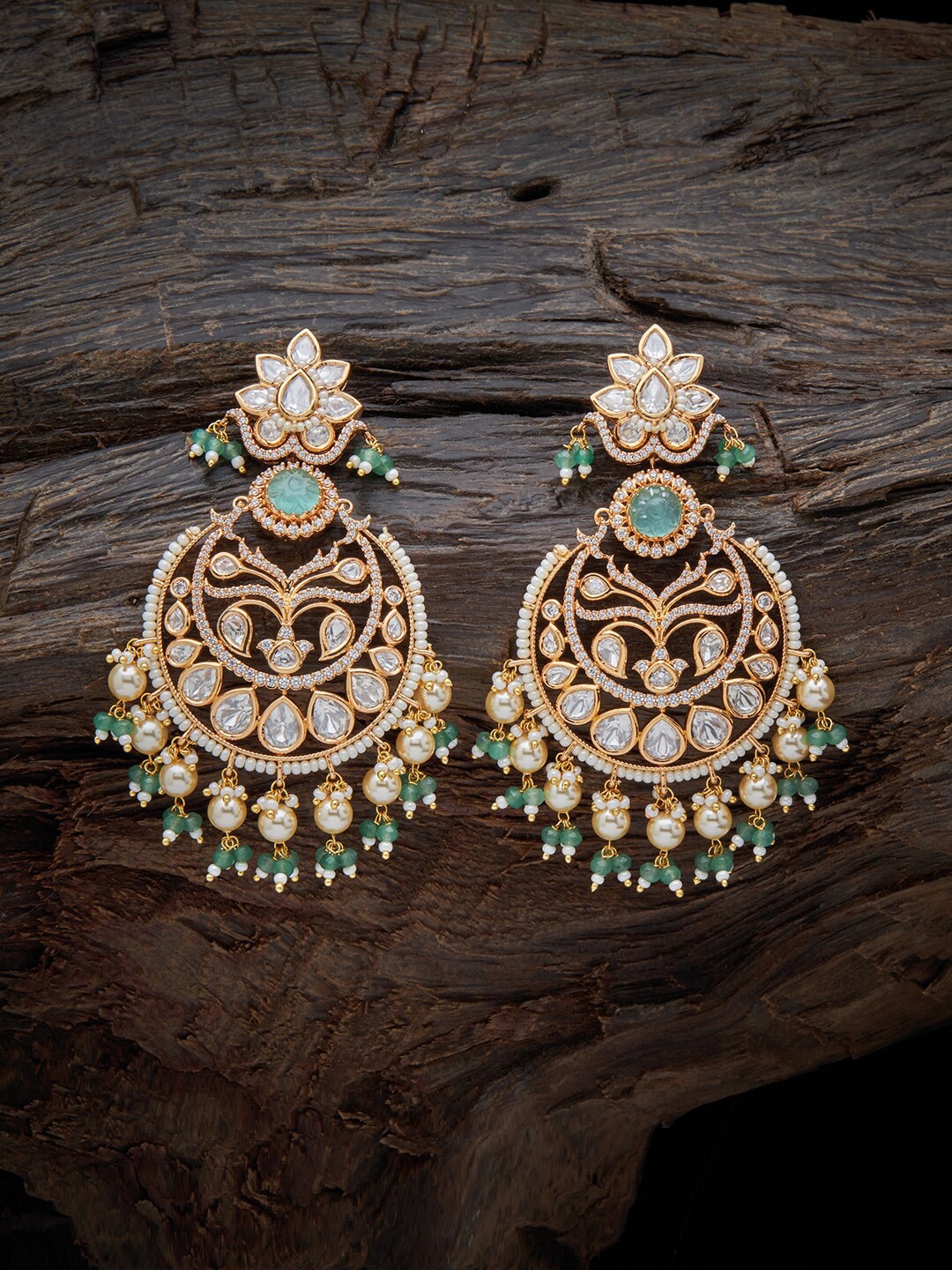 

Kushal's Fashion Jewellery Gold-Plated Kundan Crescent Shaped Drop Earrings, Sea green