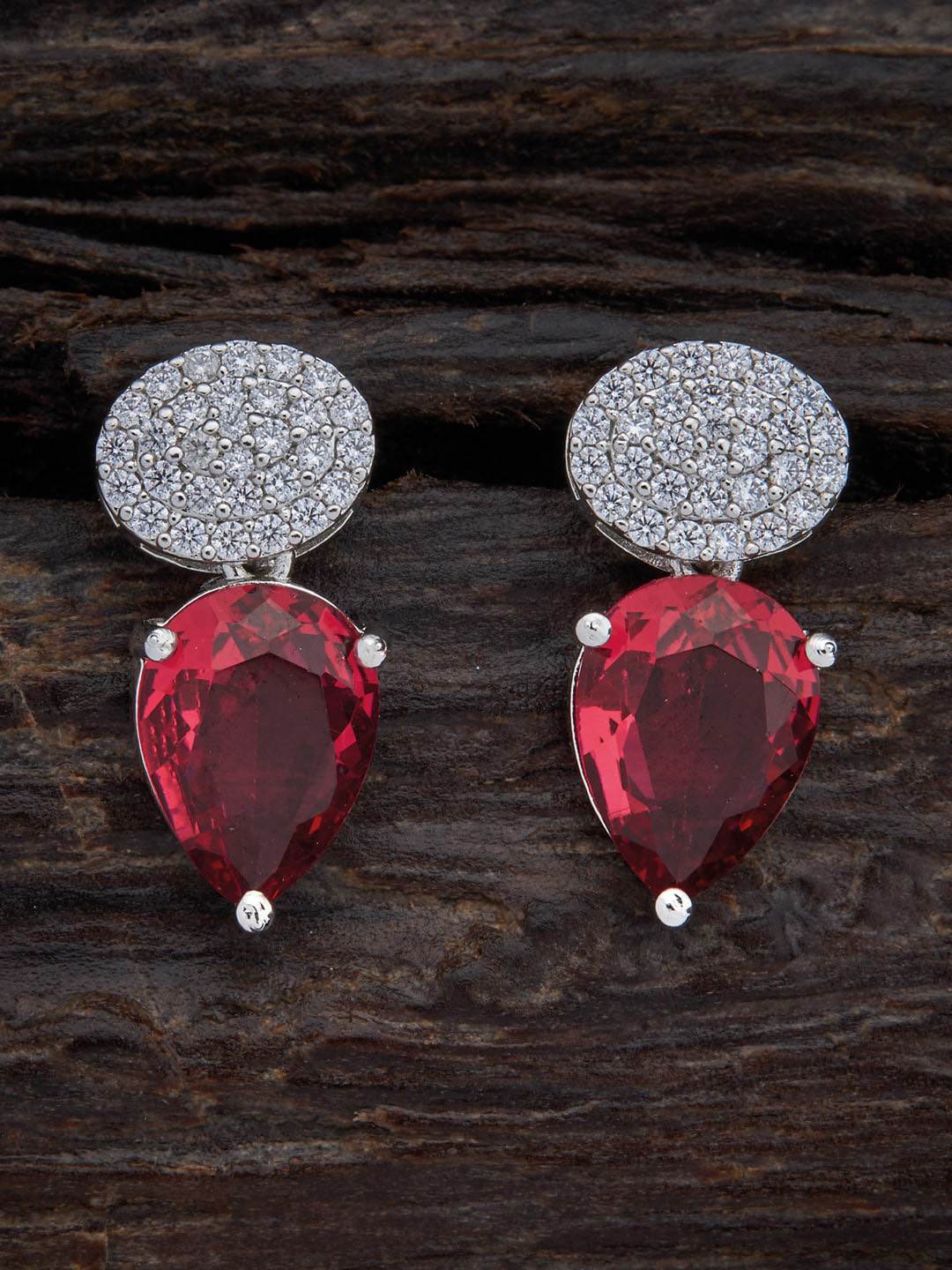 

Kushal's Fashion Jewellery Rhodium-Plated Cubic Zirconia Teardrop Shaped Drop Earrings, Red