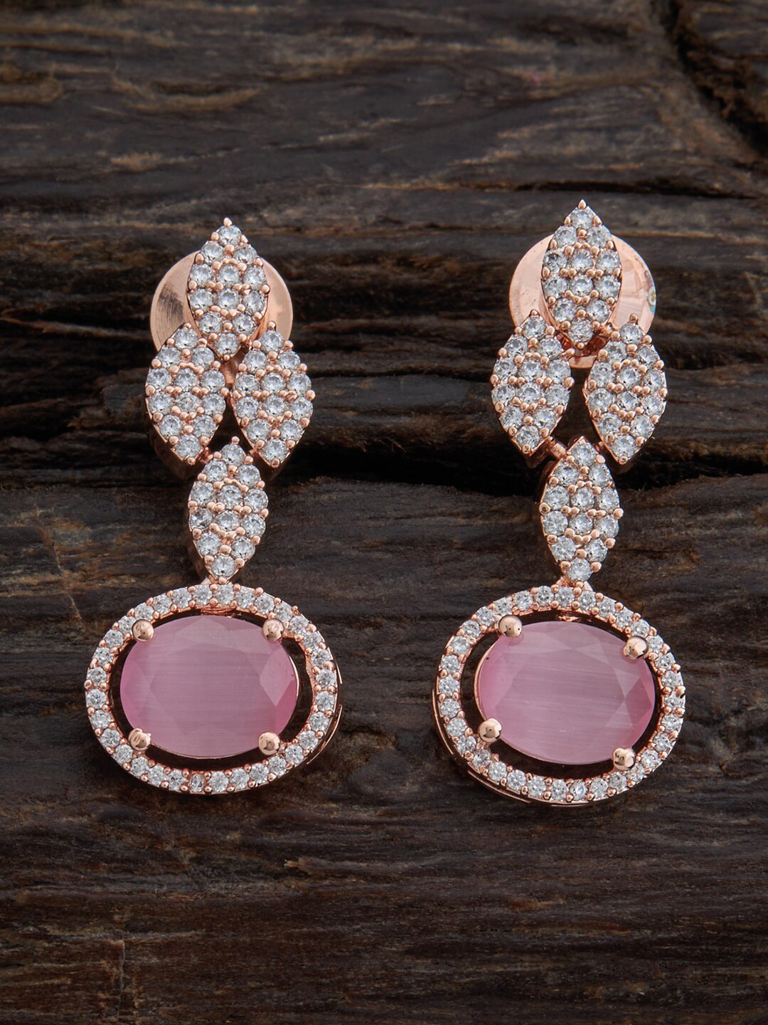 

Kushal's Fashion Jewellery Rose Gold-Plated Cubic Zirconia Leaf Shaped Drop Earrings, Pink