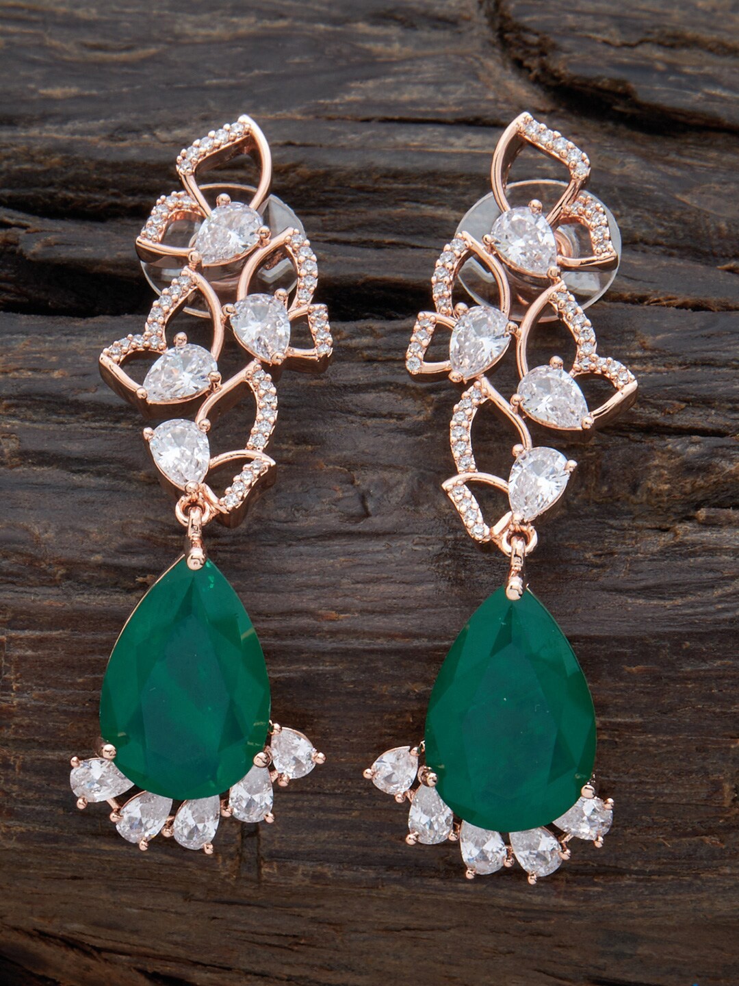 

Kushal's Fashion Jewellery Rose Gold-Plated Cubic Zirconia Teardrop Shaped Drop Earrings, Green