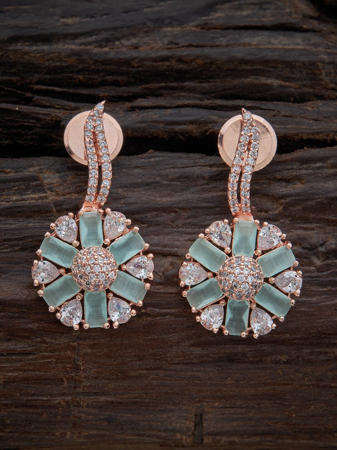 

Kushal's Fashion Jewellery Rose Gold-Plated Cubic Zirconia Floral Drop Earrings, Sea green
