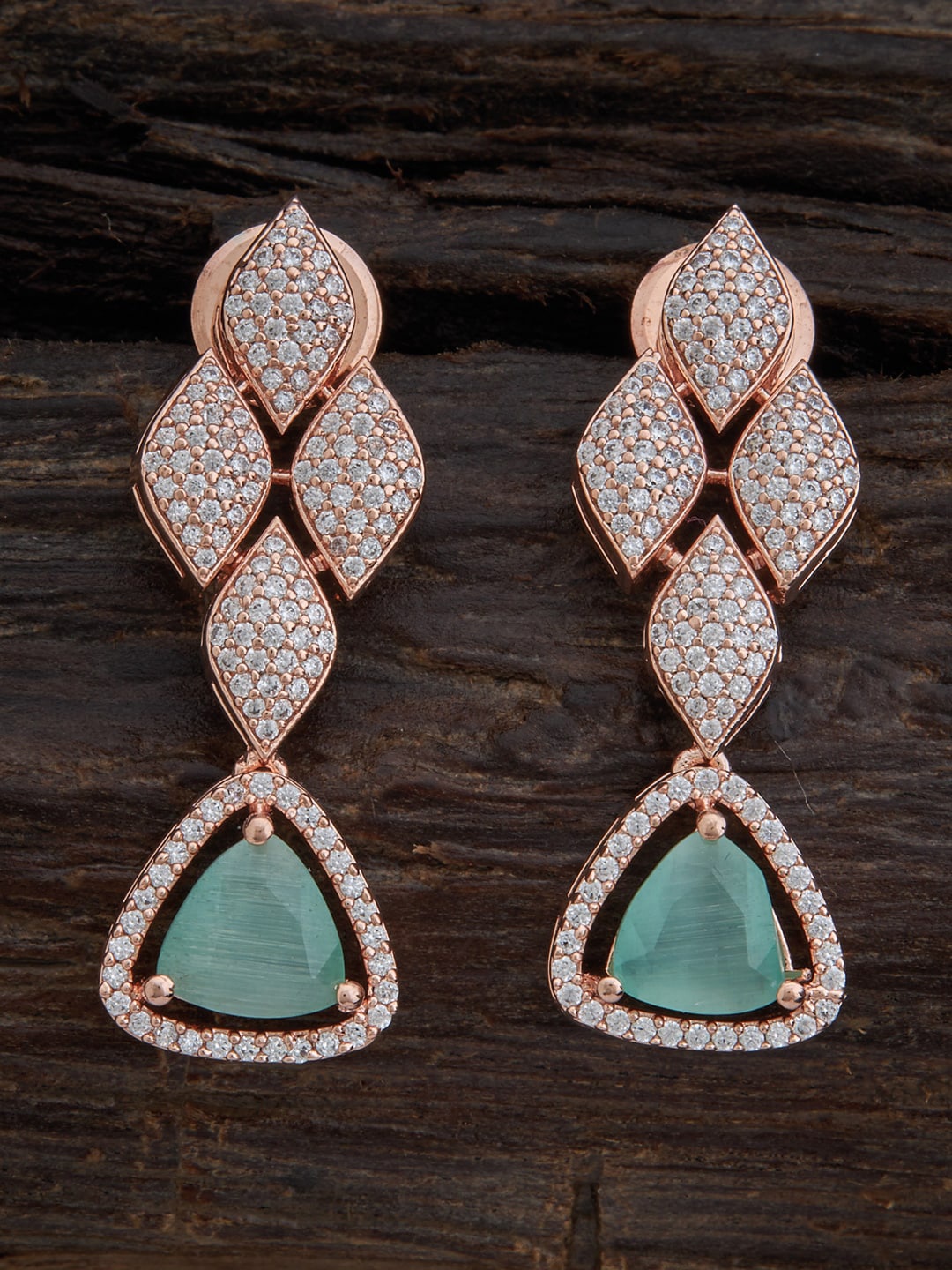 

Kushal's Fashion Jewellery Rose Gold-Plated Cubic Zirconia Leaf Shaped Drop Earrings, Sea green