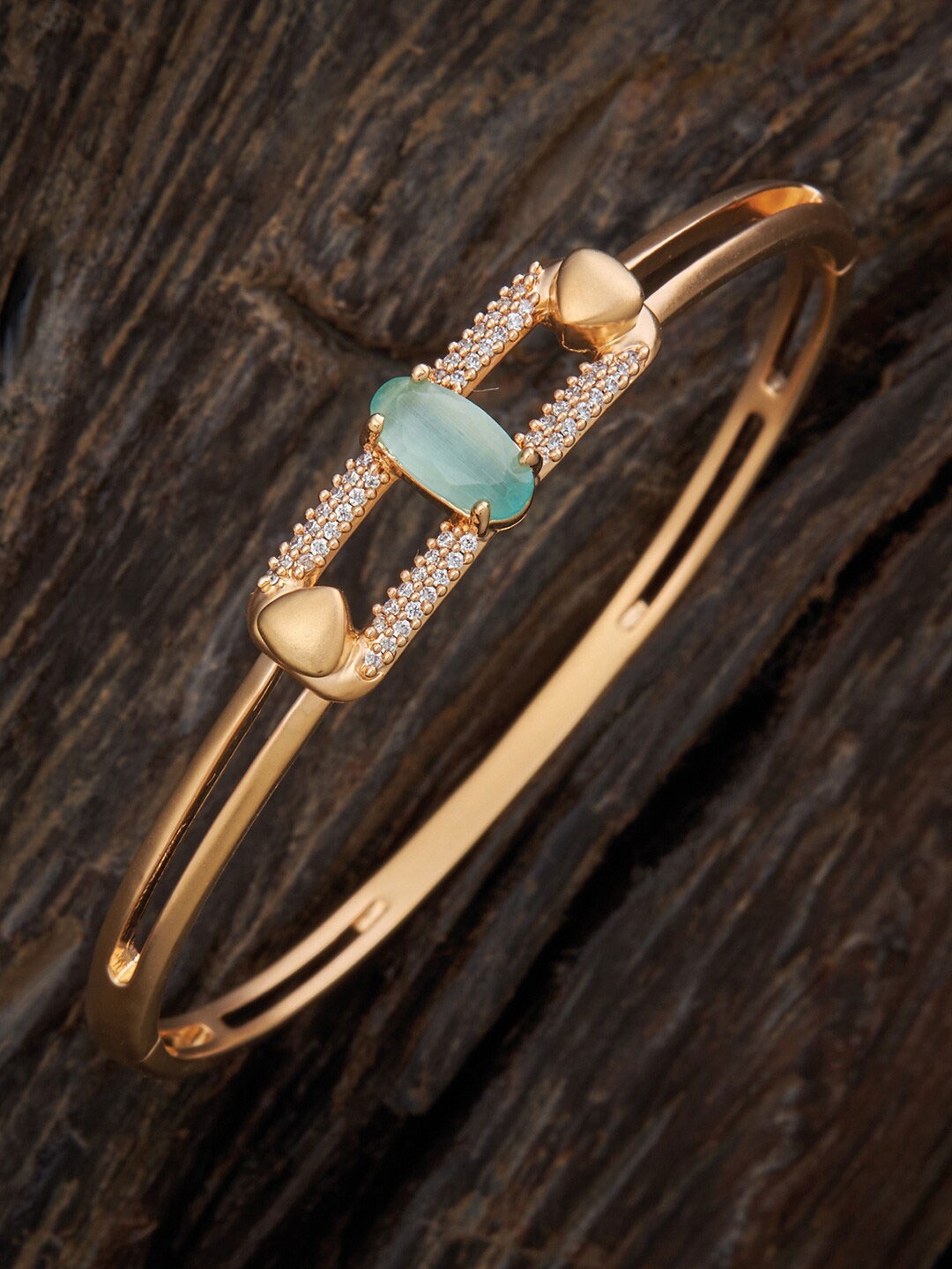 

Kushal's Fashion Jewellery Women Gold-Toned & Sea Green Cubic Zirconia Gold-Plated Kada Bracelet