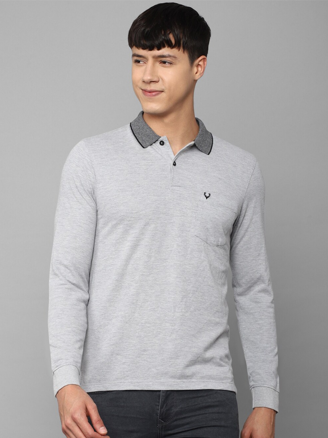 

Allen Solly Men Solid Cotton Polo Collar T-shirt, Grey melange