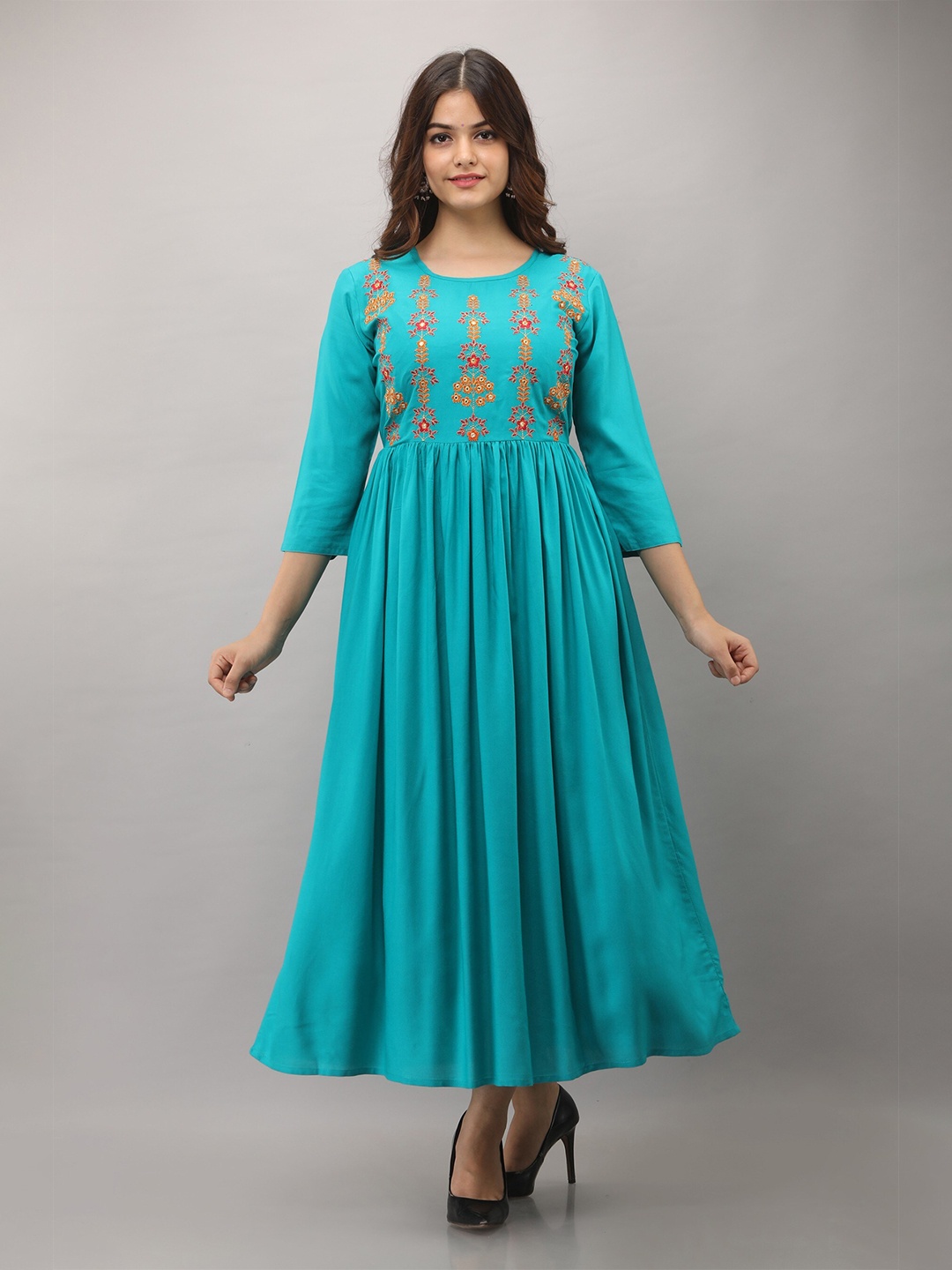 

Women Touch Floral Embroidered Maxi Maxi Dress, Turquoise blue