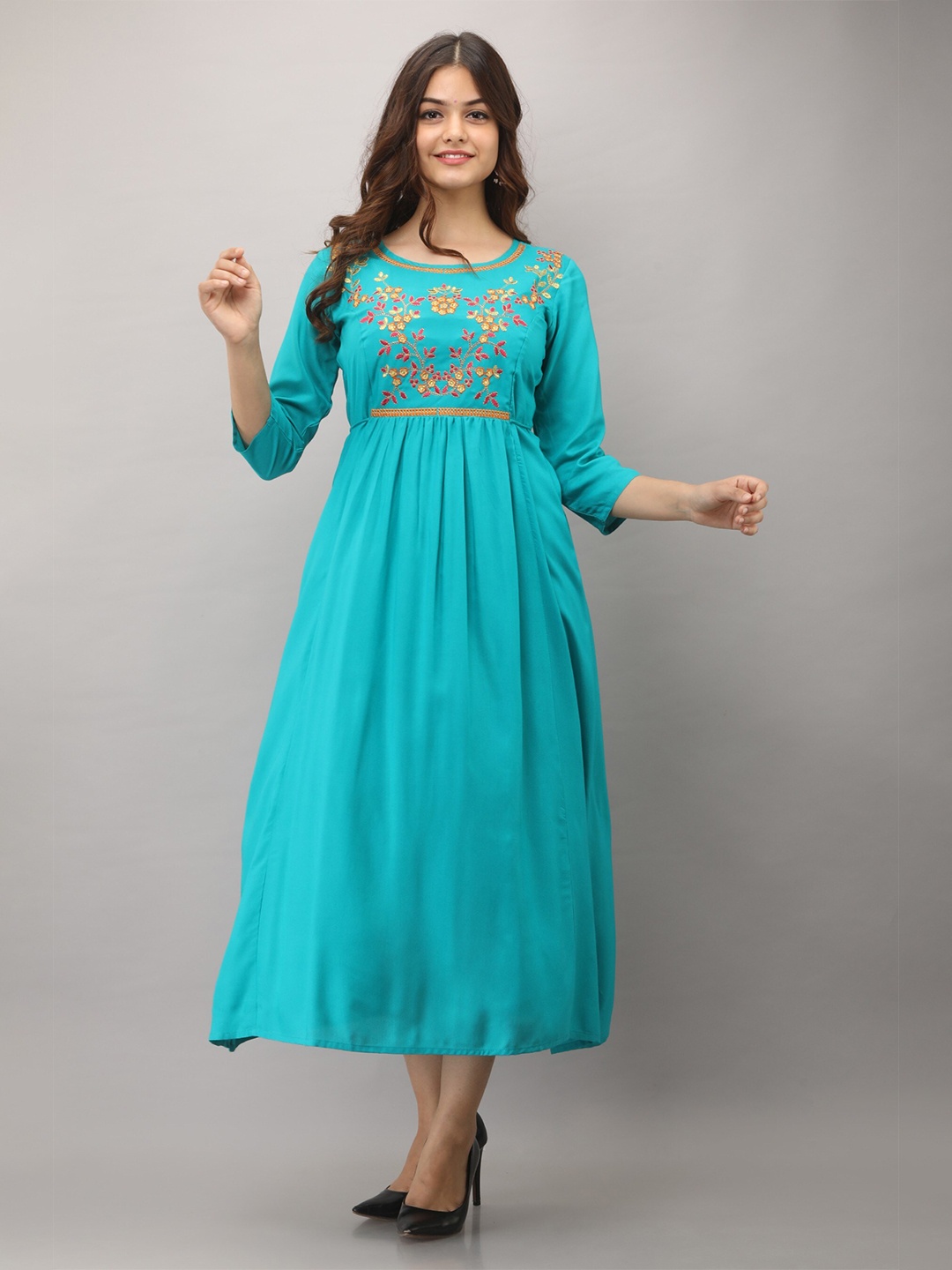 

Women Touch Floral Embroidered Midi Dress, Turquoise blue