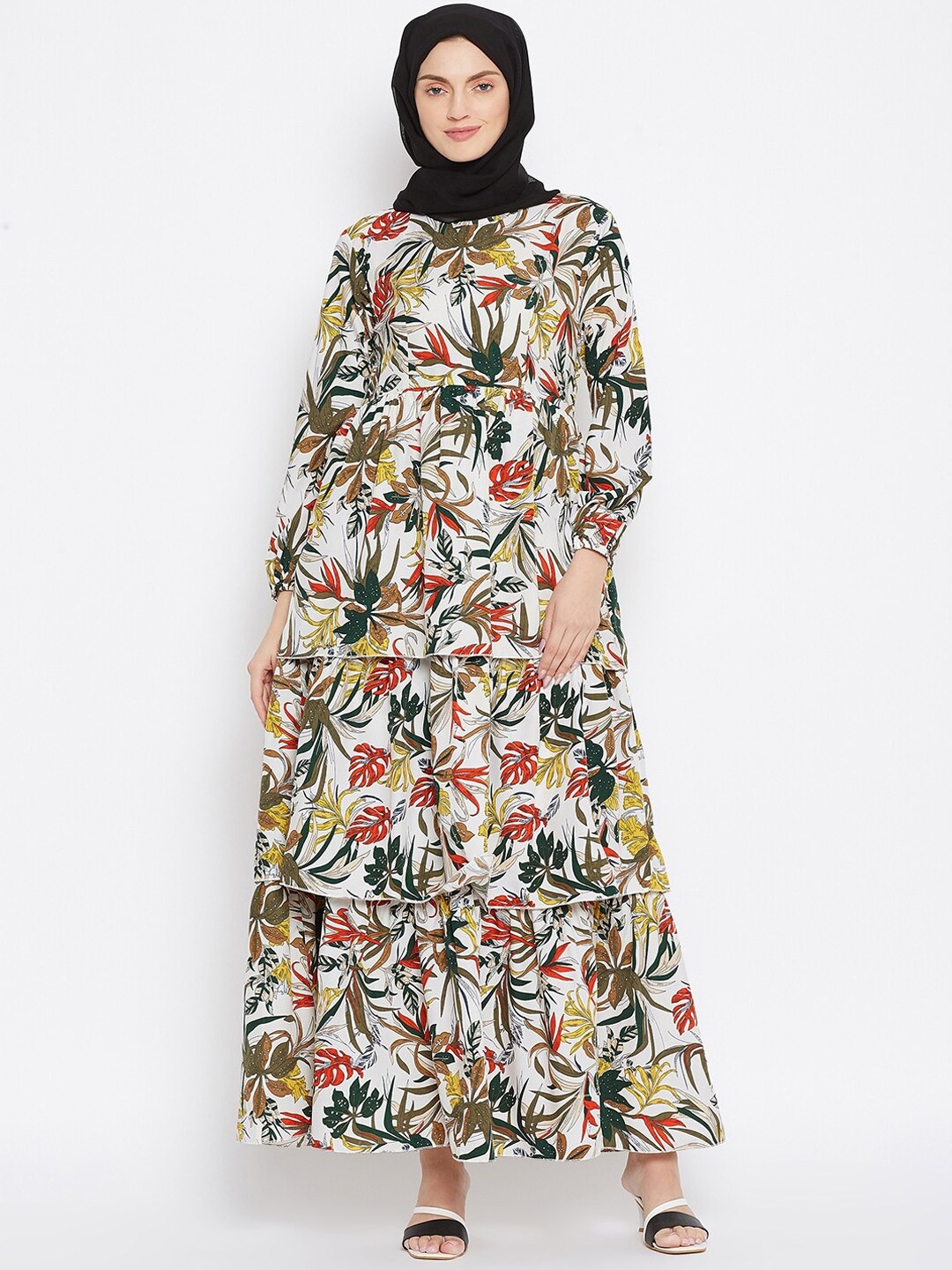 

NABIA Women Printed Layered Abaya Burqas, White
