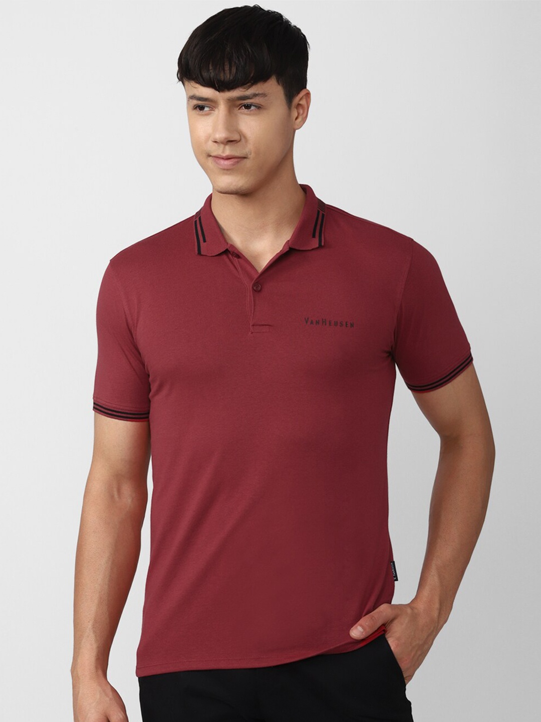 

V Dot Men Polo Collar Slim Fit T-shirt, Maroon