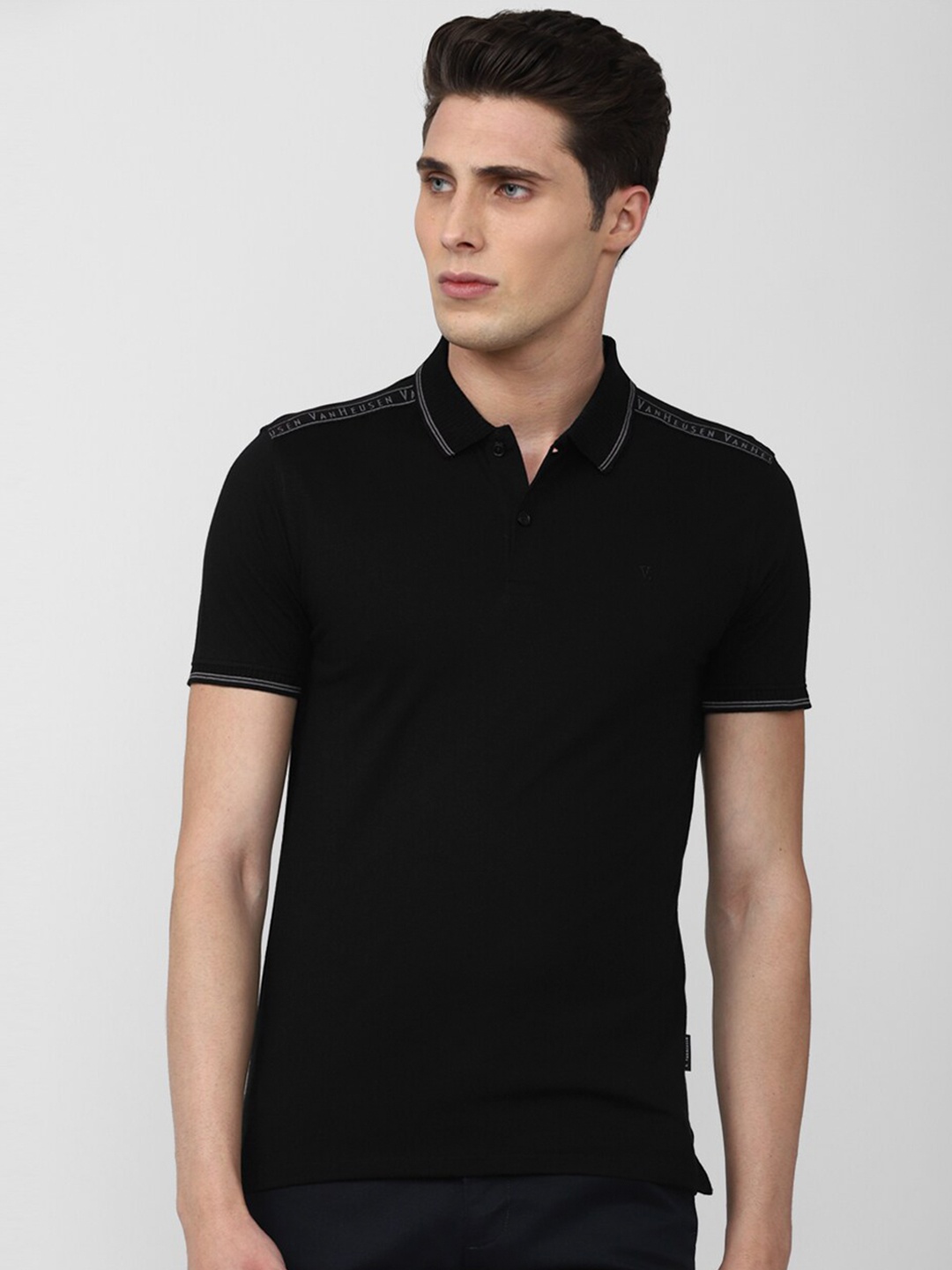 

V Dot Men Polo Collar Slim Fit T-shirt, Black