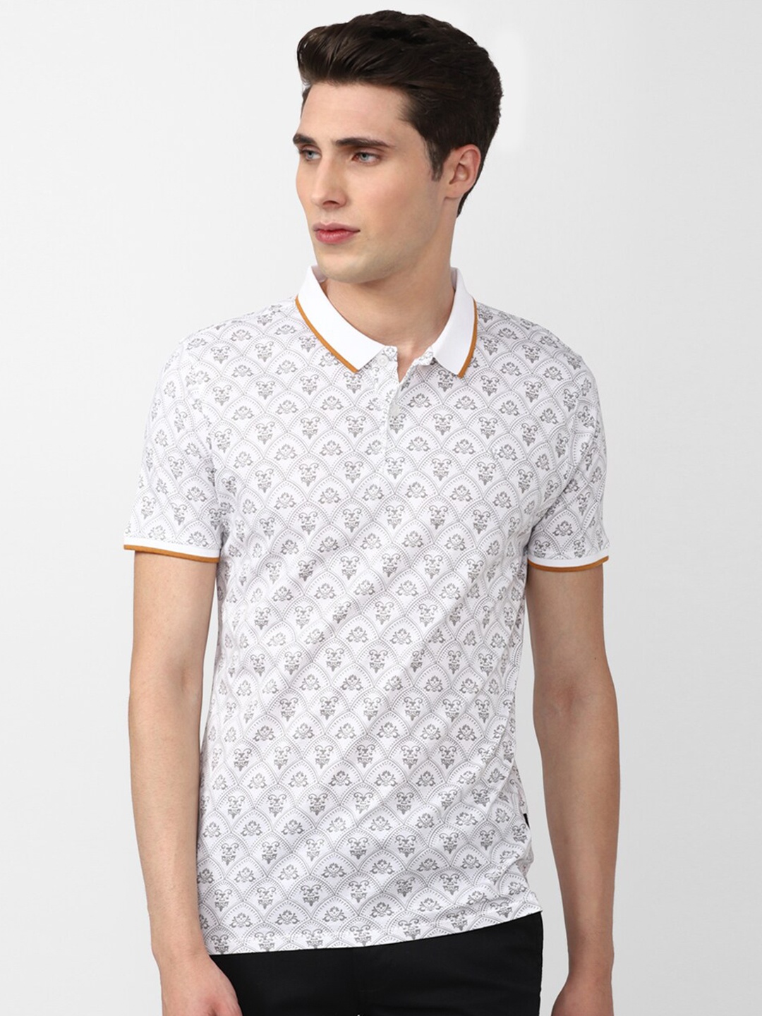 

V Dot Men Floral Printed Polo Collar Slim Fit T-shirt, White