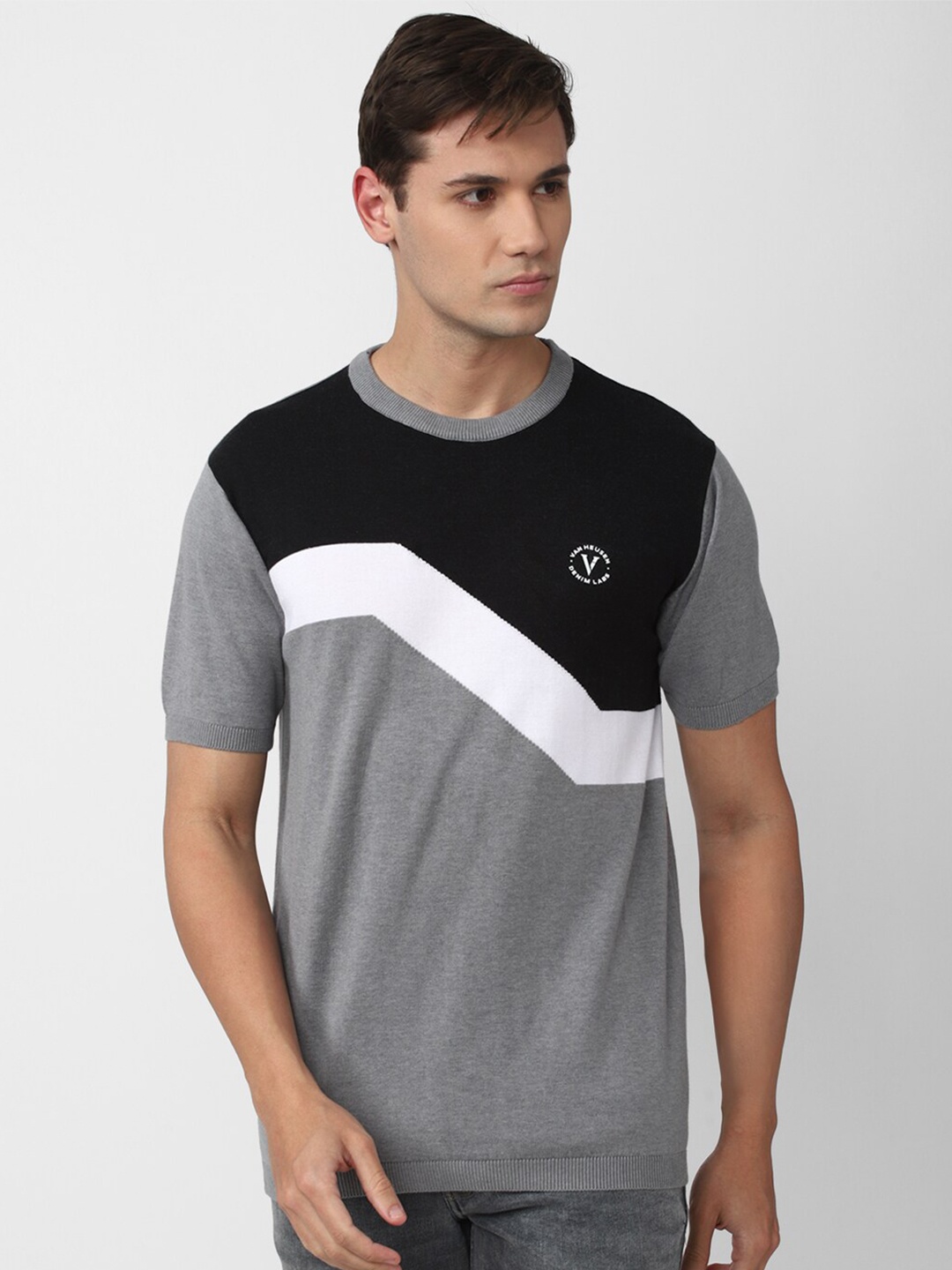 

VAN HEUSEN DENIM LABS Men Colourblocked Cotton T-shirt, Grey